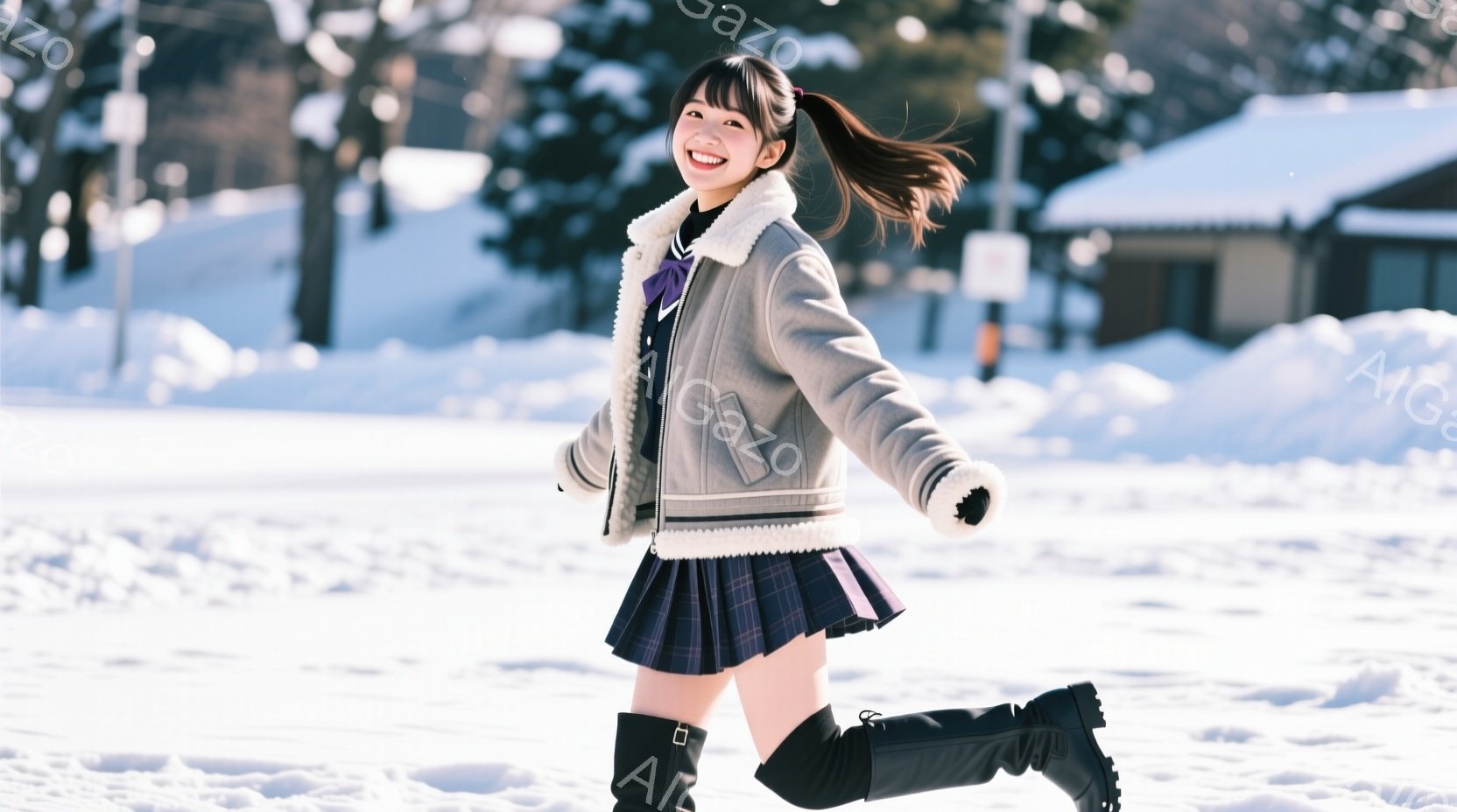 雪景色の中、制服姿の若い女性が駆けている。グレーのファー付きジャケット、チェック柄のスカート、膝丈の黒いブーツを着用し、髪はポニーテールに結ばれている。背景には雪に覆われた建物と木々があり、明るい日差しが降り注ぎ、全体的に軽快で冬らしい雰囲気が漂っている。