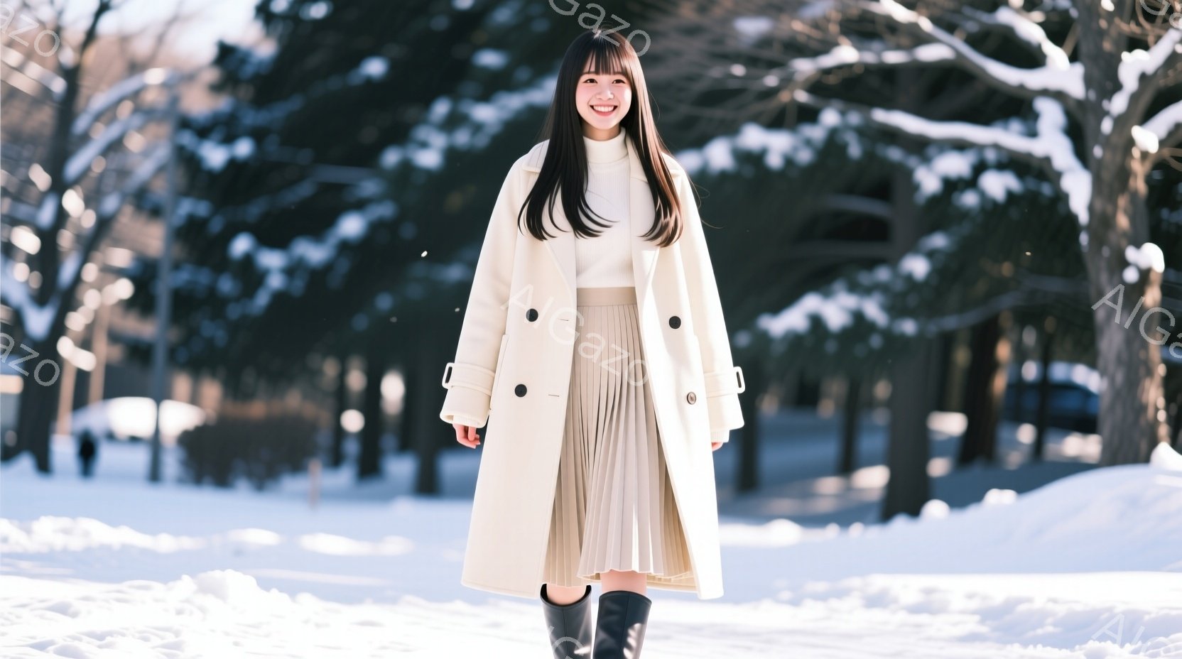 長い黒髪をセンターパートにした女性が、クリーム色のロングコートとプリーツスカート、黒いブーツを着用し、雪景色の中で立っています。彼女は微笑んでおり、リラックスした姿勢で、冬の穏やかな雰囲気を醸し出して - AI生成フリー素材
