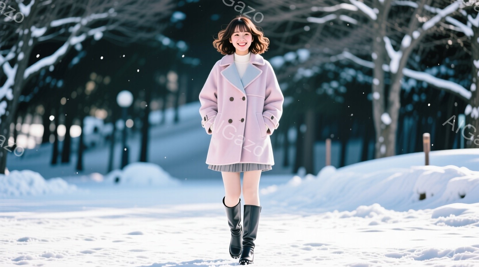 画像には、ピンク色のコートを着た若い女性が雪の中を歩いている様子が写っています。彼女は短いスカートと黒いブーツを履き、明るい笑顔を浮かべています。背景は雪に覆われた木々と白い風景で、冬の穏やかな雰囲気 - AI生成フリー素材