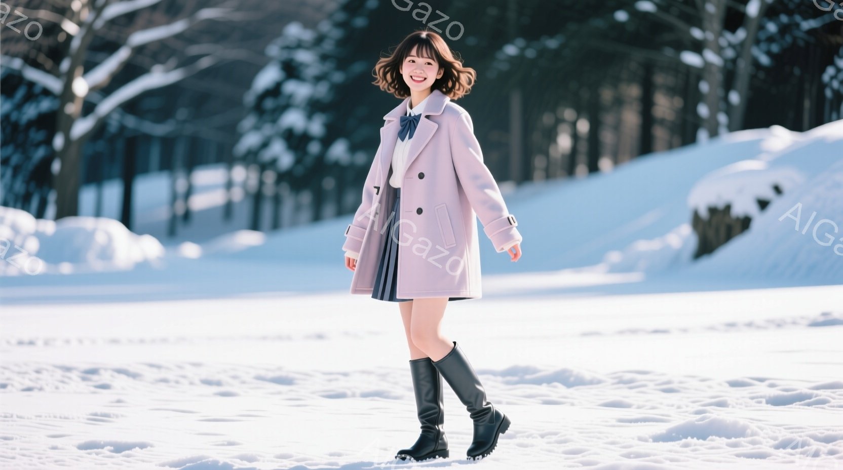 ピンク色のコートとチェックのスカートを身に着けた若い女性が、雪景色の中で立っている。彼女は黒いロングブーツを履き、髪は肩までの長さで軽くカールしている。背景には雪に覆われた木々が広がり、冬の穏やかで静 - AI生成フリー素材