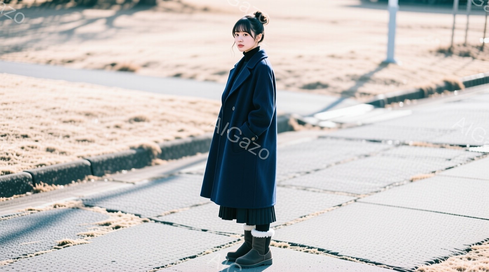 深い青色の長いコートを着た女性が、黒いプリーツスカートとブーツを履いて立っています。彼女は髪を後ろでまとめ、少し憂いを帯びた表情をしています。背景はグレーの舗装路と、枯れた草の敷地で、冬の落ち着いた雰囲気です。