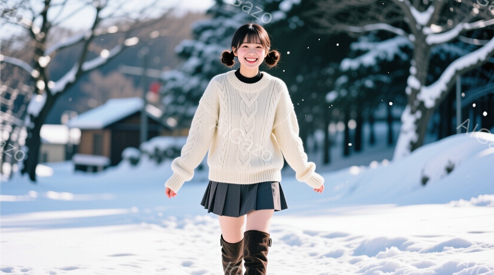 雪景色の中に立つ女性は、オフホワイトのケーブルニットセーターと黒のプリーツスカート、茶色の膝丈ブーツを着用し、明るい笑顔を見せています。彼女は両手を体の横に広げ、リラックスした姿勢で雪の中を歩いている - AI生成フリー素材