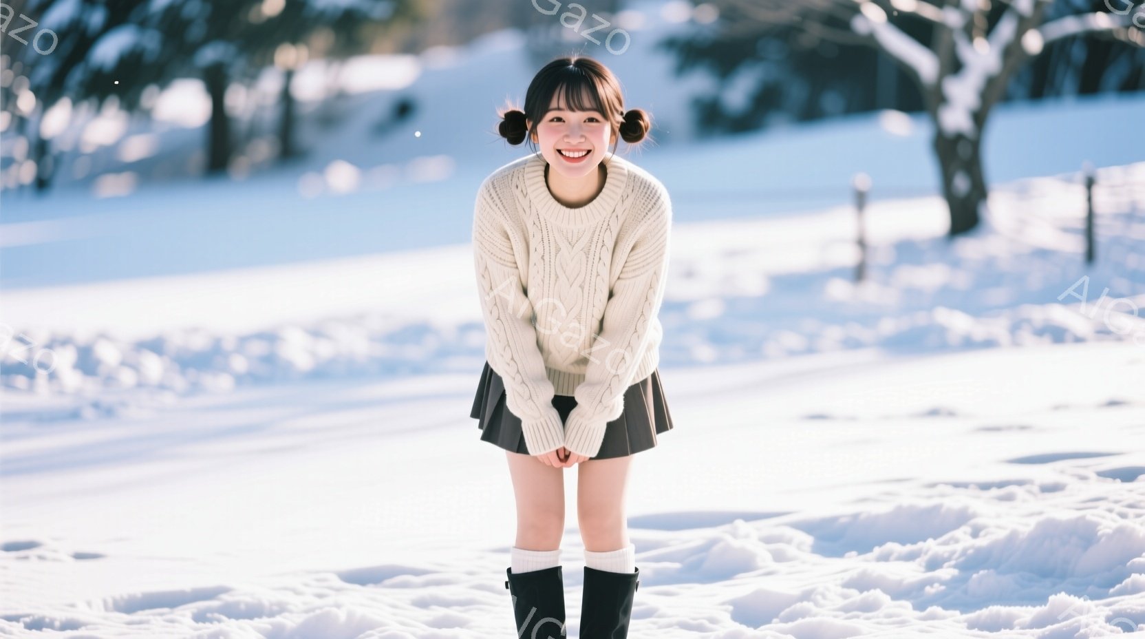 白い雪景色の中に、短いスカートとニットセーターを着た若い女性が立っています。彼女は膝下まで伸びる黒い靴下とブーツを履き、髪をツインテールにしています。顔は笑顔で、全体的に明るく、冬の楽しい雰囲気が漂っ - AI生成フリー素材