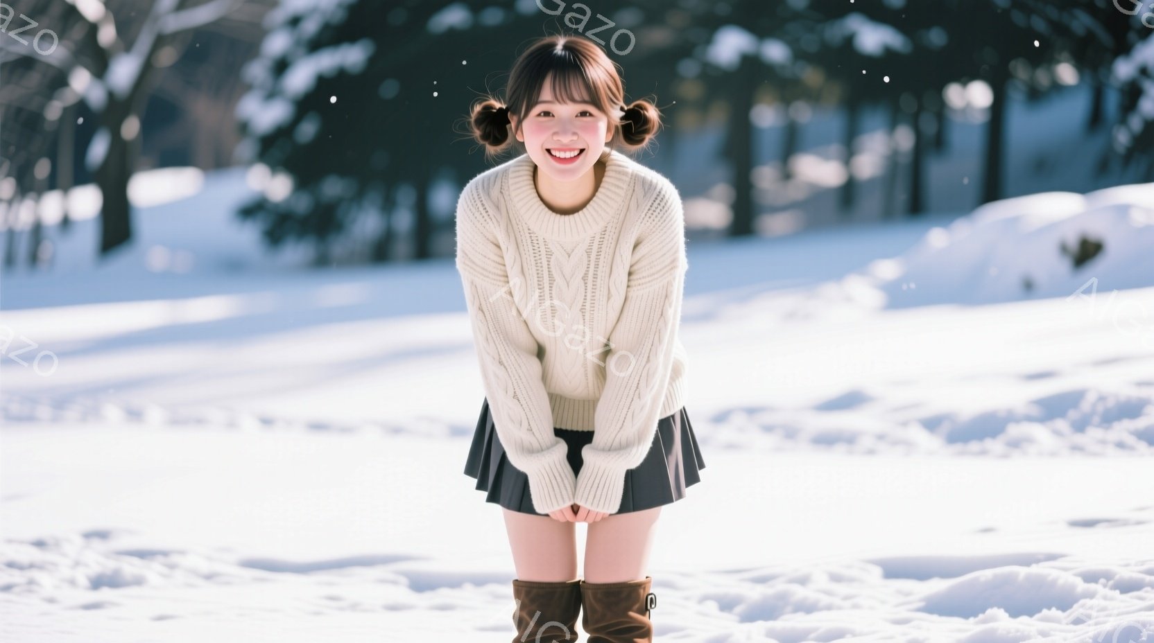 若い女性が雪景色の中で微笑んでいます。彼女はオフホワイトのケーブルニットセーターとダークグレーのミニスカート、茶色のブーツを着用し、髪は左右に2つに結ばれたツインテールになっています。背景には雪に覆わ - AI生成フリー素材