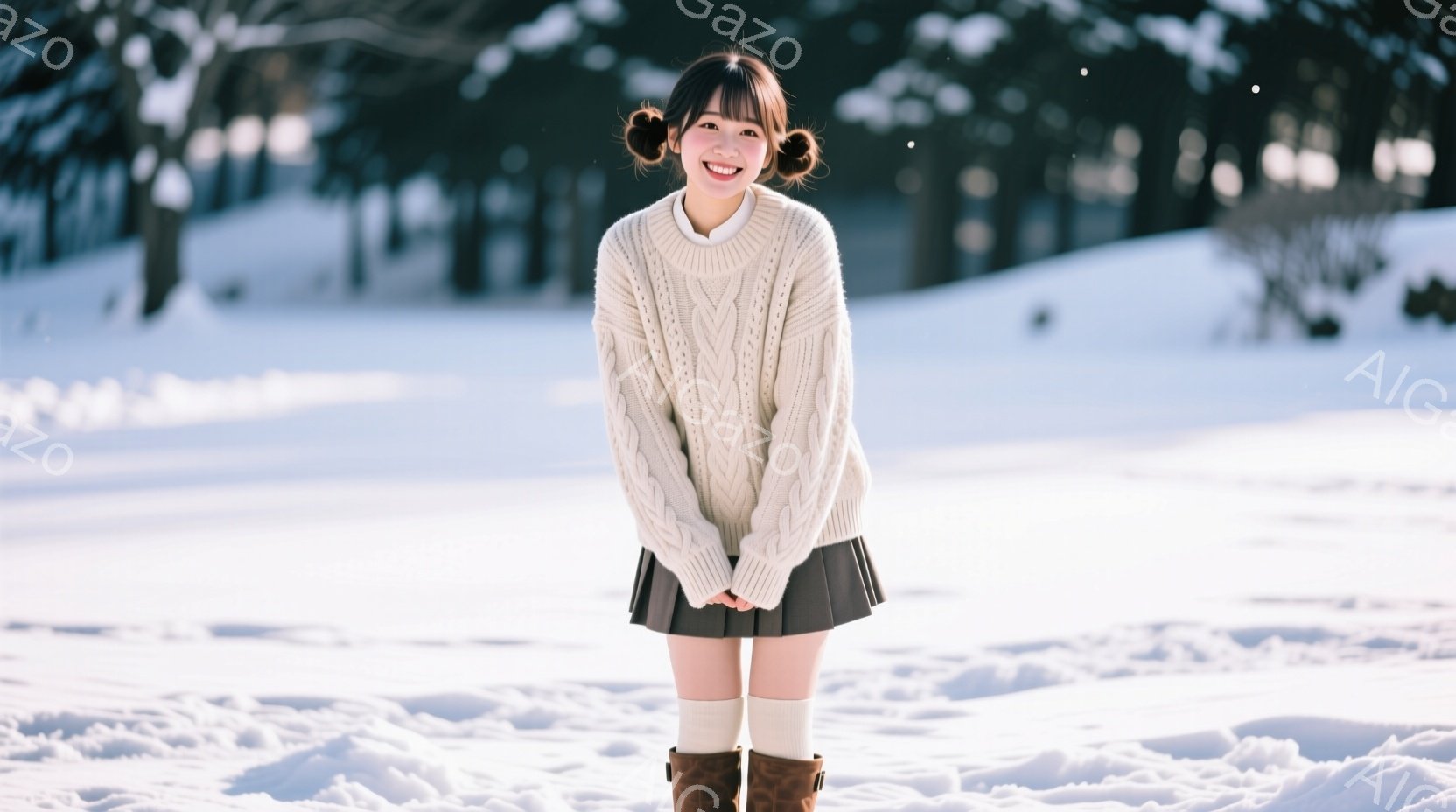 雪景色の中で、若い女性が笑顔で立っている。彼女はオフホワイトのケーブルニットセーター、プリーツのミニスカート、太もも丈の白い靴下、茶色のブーツを身に着けており、髪はツインテールに結ばれている。背景は雪 - AI生成フリー素材