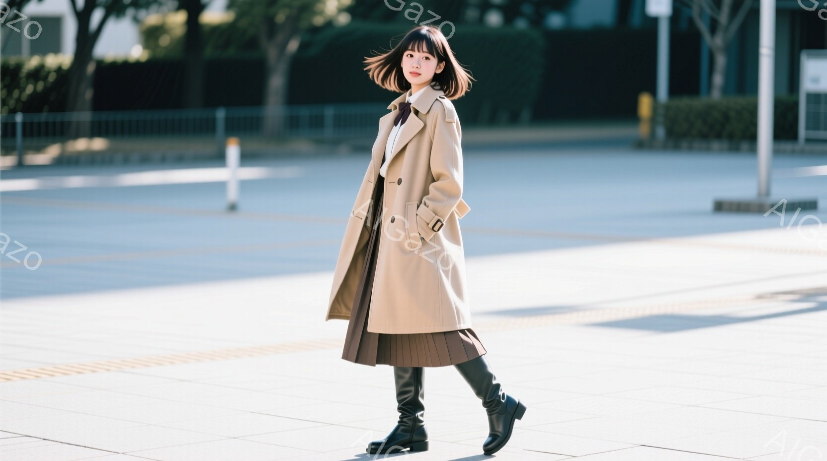 茶色のトレンチコートを着た女性が、プリーツスカートと黒いブーツを履いて歩いています。彼女はダークブラウンのショートボブヘアで、少し微笑んでいるように見えます。背景は舗装された広場と、緑の木々や建物があ - AI生成フリー素材