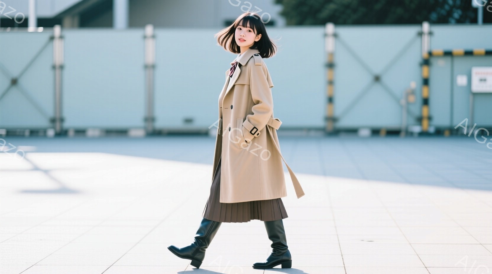 ベージュ色のトレンチコートを羽織った女性が写っています。プリーツスカートと黒のロングブーツを合わせ、少し横を向いて歩いている様子です。背景はコンクリートの広場と、ぼやけた建物やフェンスで、晴れた日の穏 - AI生成フリー素材