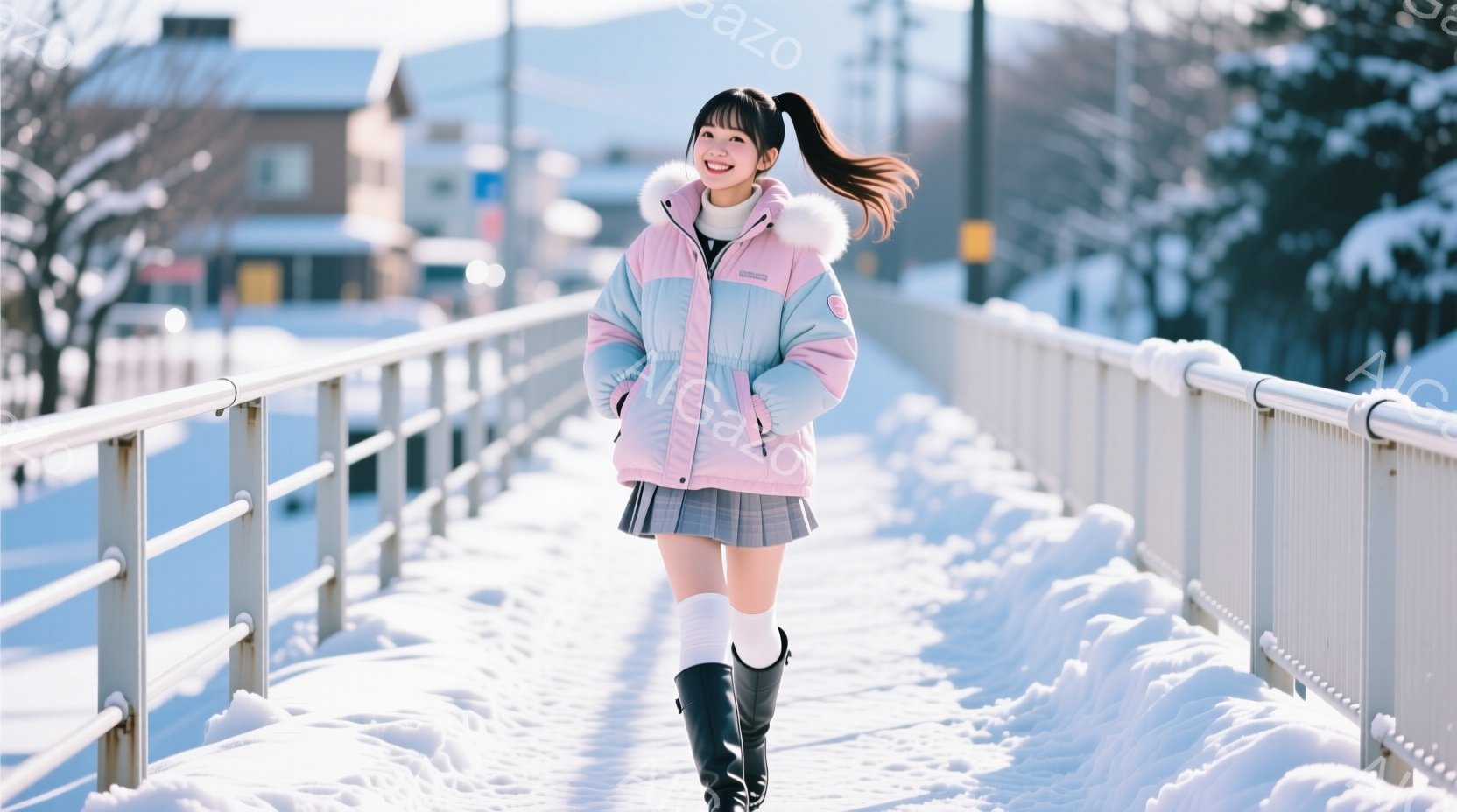 ピンクと水色のダウンジャケットを羽織り、白いスカートと膝上ソックス、黒いブーツを履いた若い女性が、雪の積もった橋の上を歩いている。彼女は髪を高い位置でポニーテールにし、笑顔でカメラを見ている。背景には雪景色と建物が見え、冬の穏やかな雰囲気が漂っている。