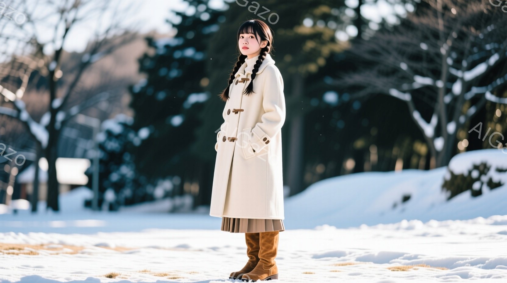 白いロングコートを着た若い女性が雪景色の中に立っています。彼女は茶色のブーツを履き、髪は二つに分けて肩まで伸ばしています。背景には雪に覆われた木々と建物が見え、冬の穏やかな雰囲気が漂っています。 - AI生成フリー素材