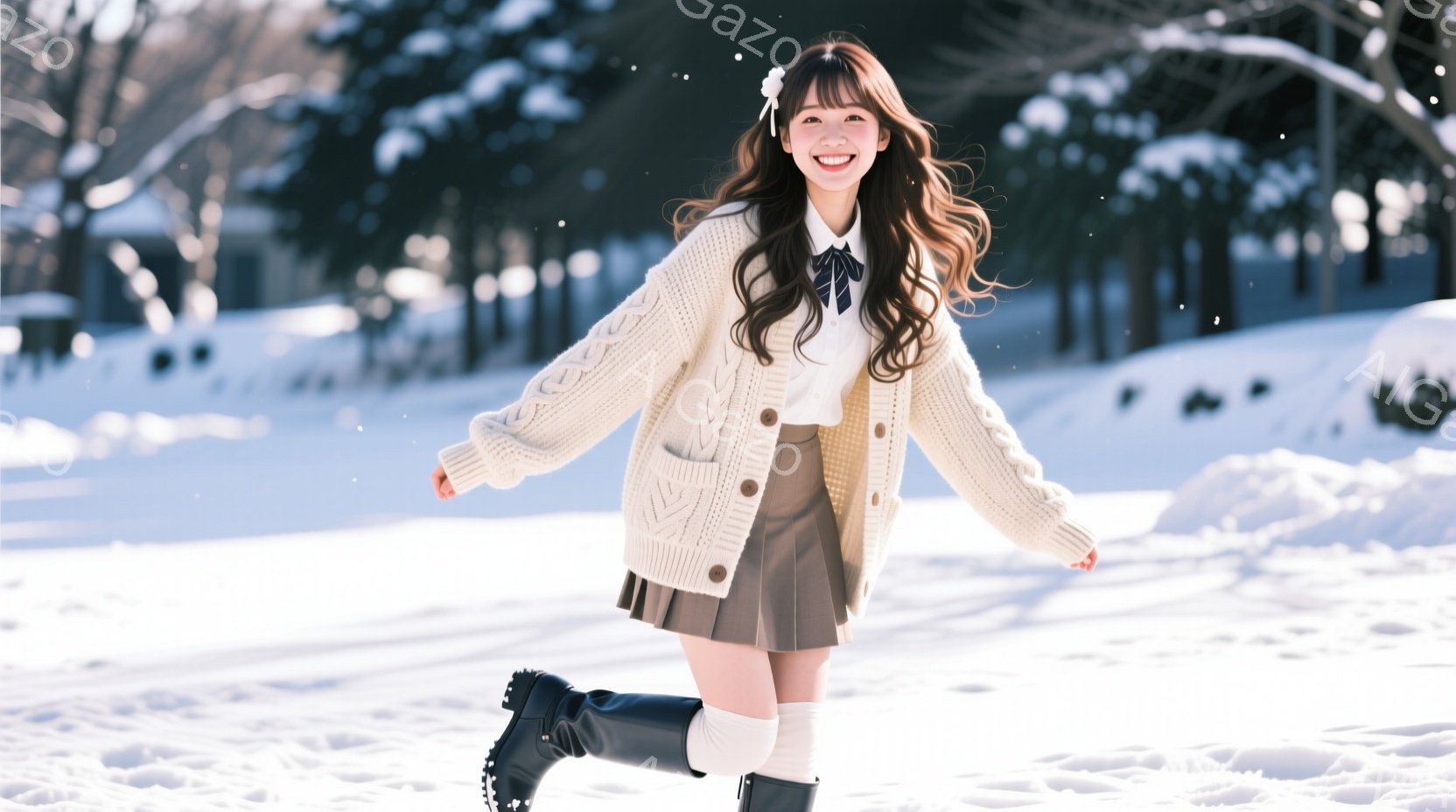 長い茶色の髪を靡かせ、白いケーブルニットカーディガンと茶色のプリーツスカートを身に着けた若い女性が雪の中を駆け抜けています。彼女は黒いブーツと白い靴下を履き、表情は明るく笑顔で、活気に満ちた冬の雰囲気 - AI生成フリー素材