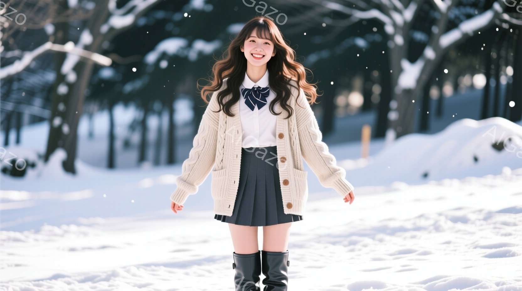 長い茶色の髪をセンターパートにした女性が、白いケーブルニットカーディガン、白いシャツ、グレーのプリーツスカート、黒いブーツを着用し、雪景色の中で笑顔で立っています。彼女は両手を軽く広げ、リラックスした - AI生成フリー素材