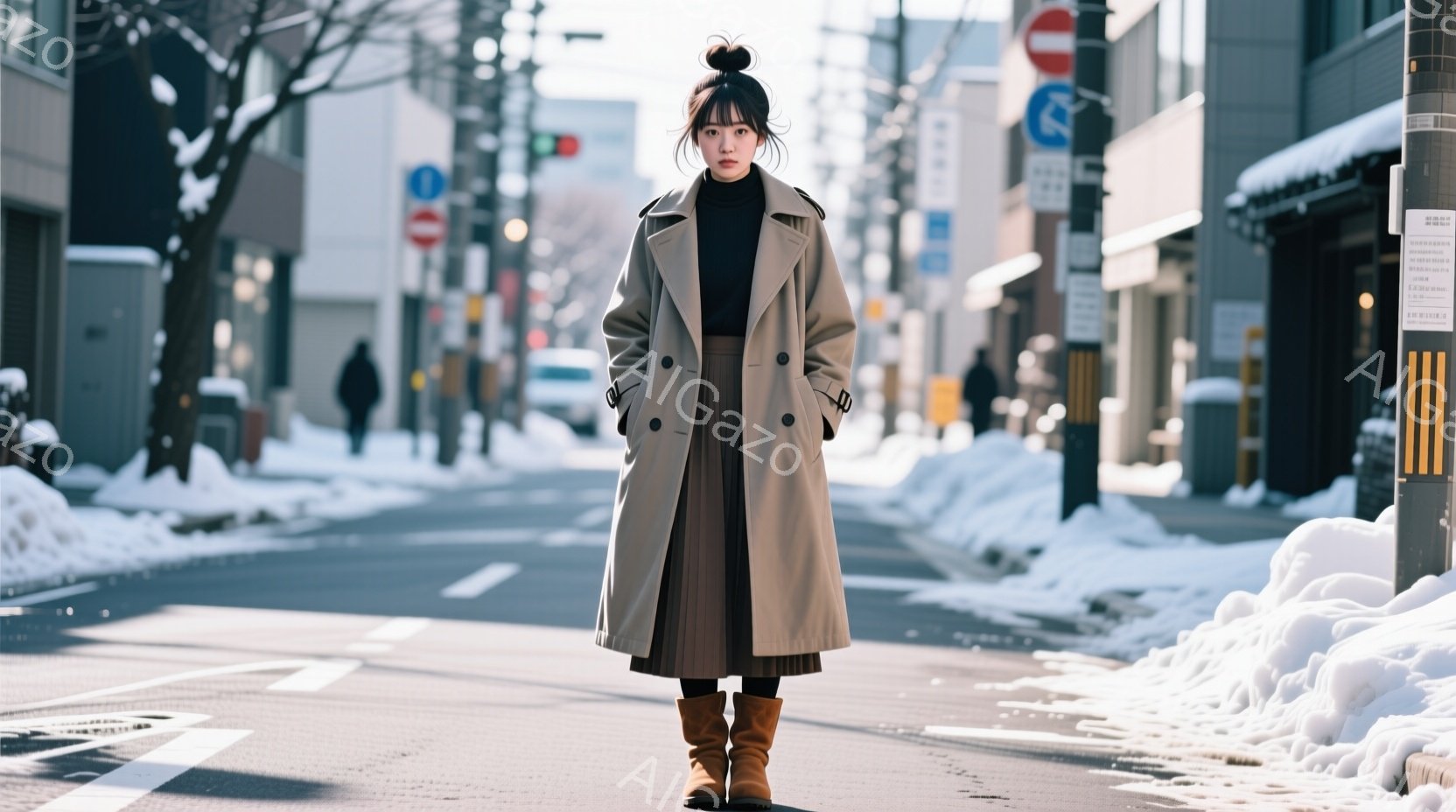 女性はベージュ色のロングコートとミディアム丈のプリーツスカート、ブラウンのブーツを身につけ、アスファルトの道路の真ん中に立っている。彼女は髪を高くまとめ、表情は穏やかで、やや前を見ている。背景には雪が - AI生成フリー素材