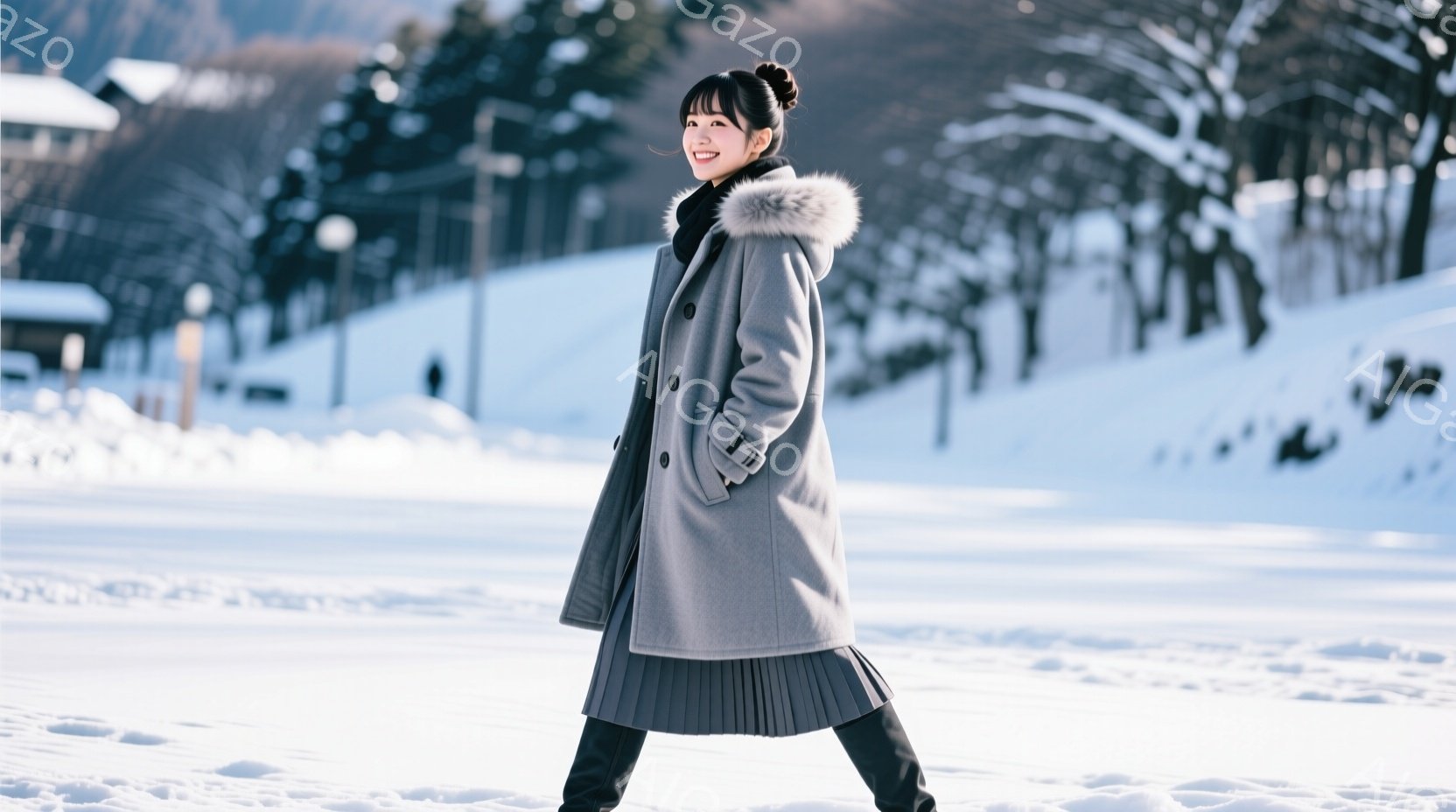 画像には、雪景色の中で歩く女性が写っています。彼女はグレーのコート、黒のスカート、ブーツを身に着け、髪は後ろでまとめられています。背景には木々や建物が見え、晴れた冬の日の穏やかな雰囲気が漂っています。 - AI生成フリー素材