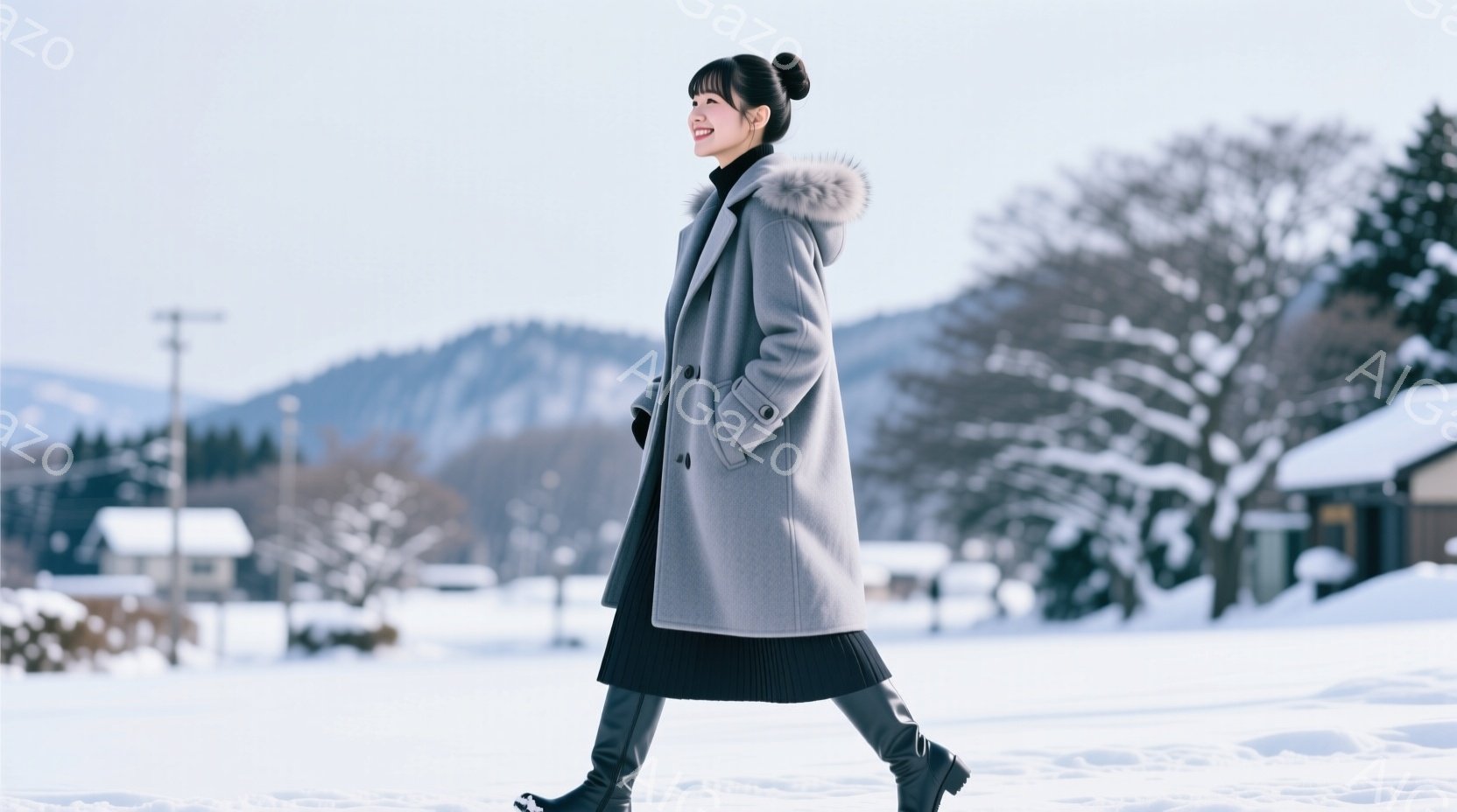 画像には、雪景色の中を歩く女性が写っています。彼女はグレーのフード付きコート、黒いスカート、ブーツを着用し、髪は後ろでまとめられています。背景には雪に覆われた建物と山々が広がり、冬の静かで穏やかな雰囲 - AI生成フリー素材