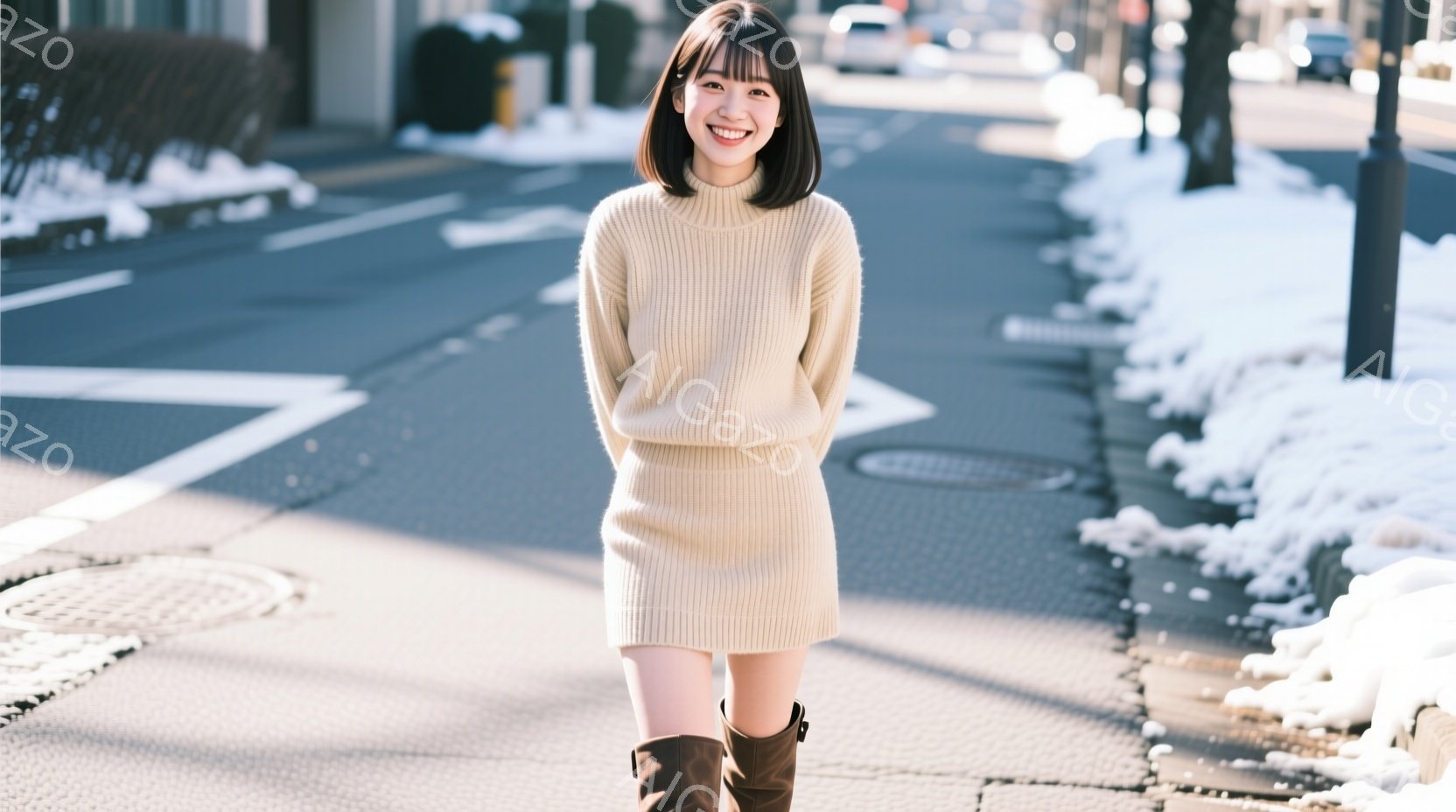 明るい茶髪のショートヘアの女性が、ベージュのニットのセットアップと茶色のブーツを身につけて立っている。彼女は微笑んでおり、視線はカメラに向いている。背景には道路、歩道、そしてわずかに雪が積もった植え込 - AI生成フリー素材