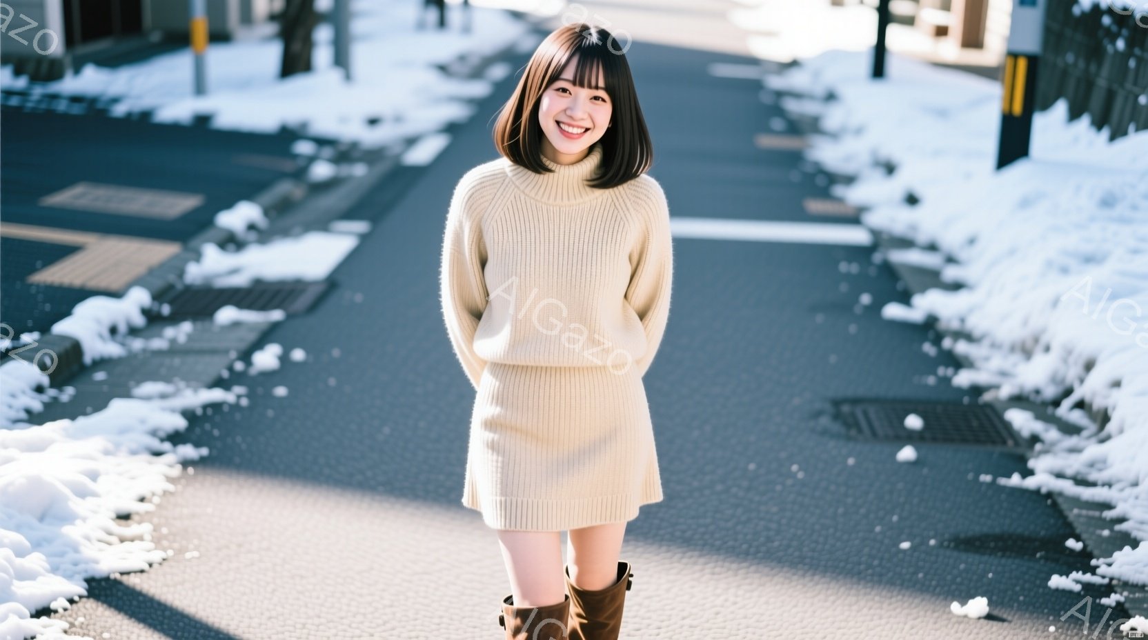 浅いベージュ色のセーターとスカートを合わせた女性が、茶色のブーツを履いて立っている。彼女は微笑んでおり、前髪を下ろした肩までの長さの髪をしている。背景には雪が積もり、アスファルトの道路と歩道が見える、 - AI生成フリー素材