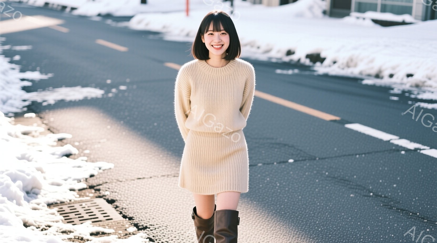 明るいベージュのニットワンピースを着た女性が、茶色のブーツを履いて立っている。彼女は前髪を下ろしたショートヘアで、穏やかな微笑みを浮かべている。背景は雪が積もった道路で、晴天の下、冬の穏やかな雰囲気が - AI生成フリー素材