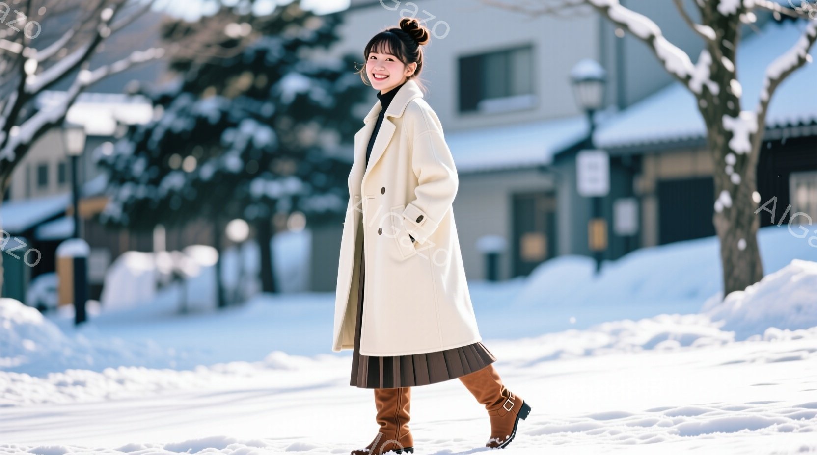 白いロングコートと茶色のプリーツスカートを身に着けた女性が雪道を歩いている。彼女は髪を高くまとめ、笑顔でカメラを見ている。背景には雪に覆われた建物と木々があり、冬の穏やかな雰囲気を醸し出している。