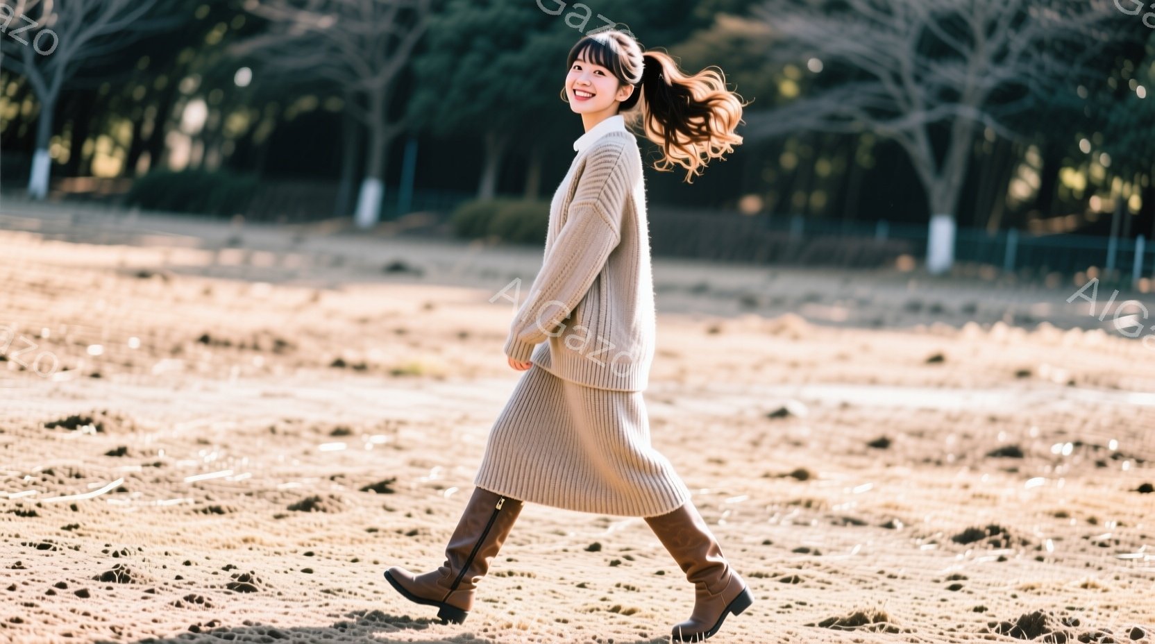 彼女はベージュのニットのセットアップとブラウンのブーツを着用し、明るい笑顔で歩いています。髪は後ろでポニーテールにまとめられ、リラックスした雰囲気で自然な表情をしています。背景は乾燥した地面と木々で、穏やかな晴天の下で、暖かく親しみやすい雰囲気を醸し出しています。