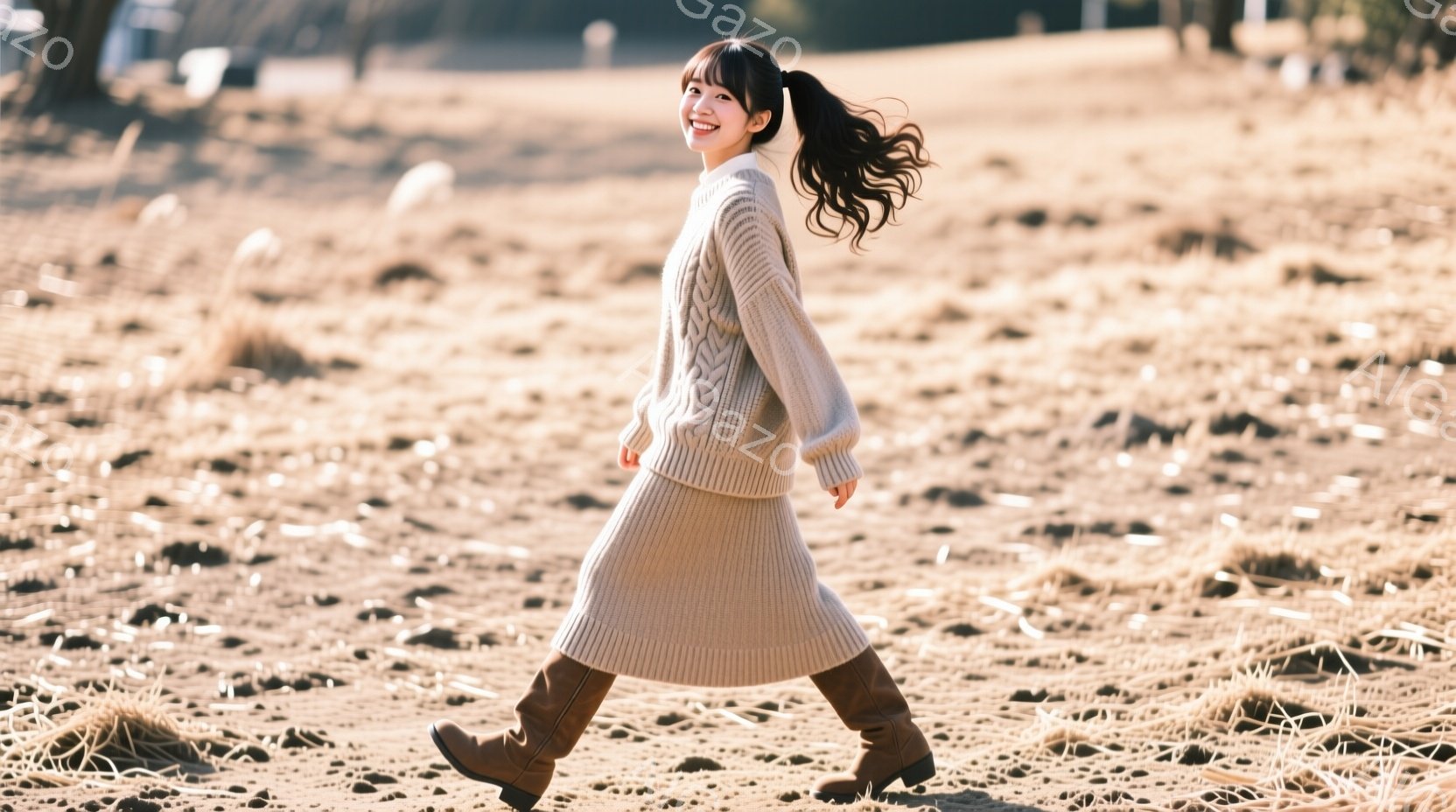 長い茶色の髪をポニーテールにした女性が、ベージュのニットセーターとスカート、そして茶色のブーツを履いて歩いている。彼女は少し微笑んでおり、リラックスした雰囲気で、乾いた草むらが広がる背景の中を歩いてい - AI生成フリー素材