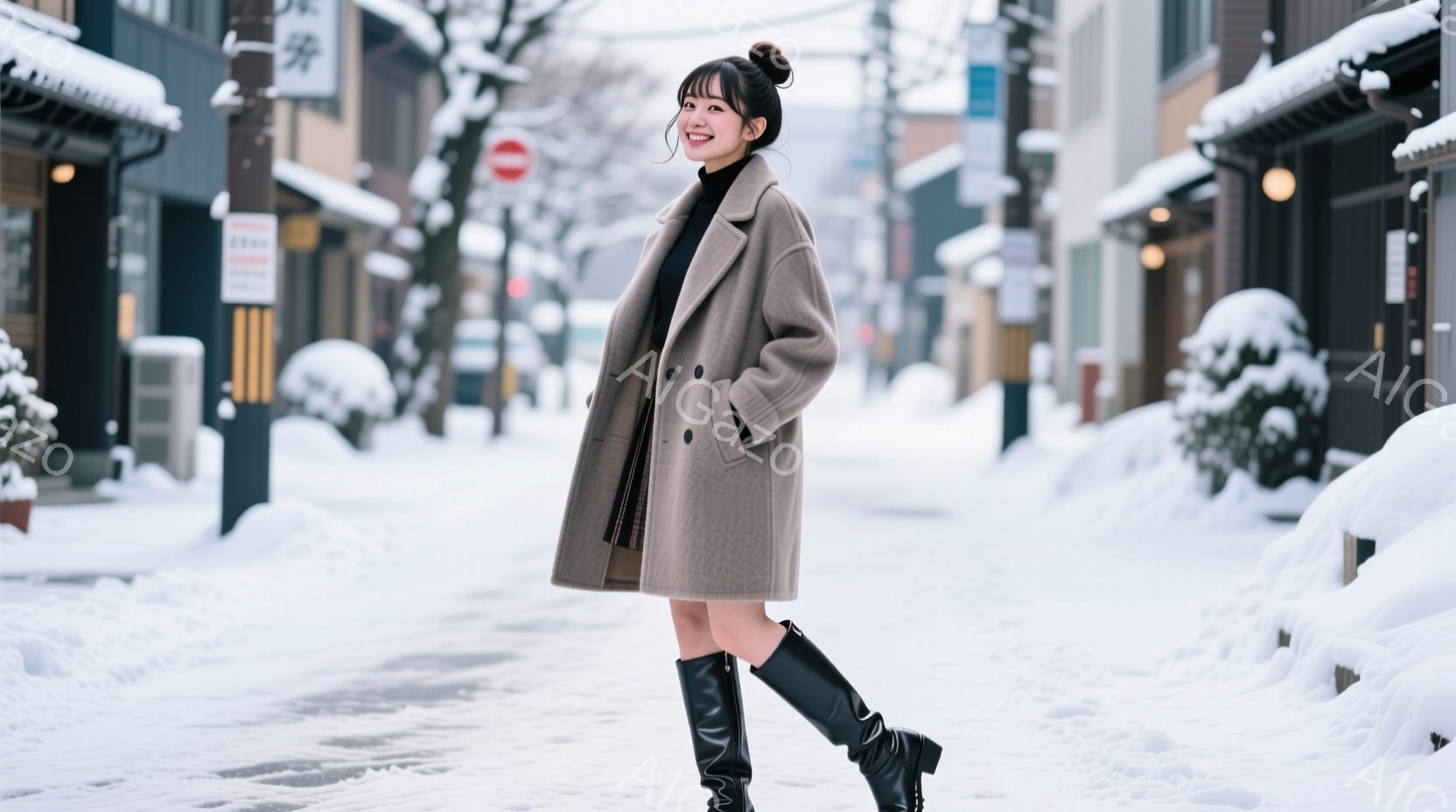 茶色のコートと黒のロングブーツを着用した女性が、雪で覆われた街路を歩いている。彼女は髪を後ろでまとめ、笑顔でカメラを見ている。背景には伝統的な建物が並び、雪が降り積もった冬の風景が広がっている。 - AI生成フリー素材
