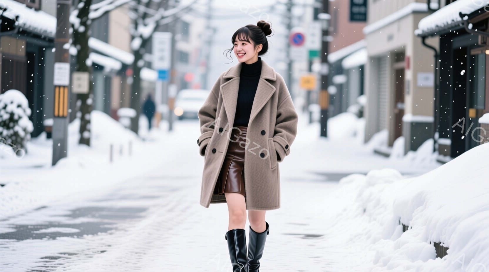 茶色のオーバーサイズコートに黒のタートルネックセーターとミニスカート、黒いロングブーツを履いた女性が写っています。彼女はわずかに微笑み、リラックスした姿勢で雪道の中を歩いています。背景には雪に覆われた - AI生成フリー素材