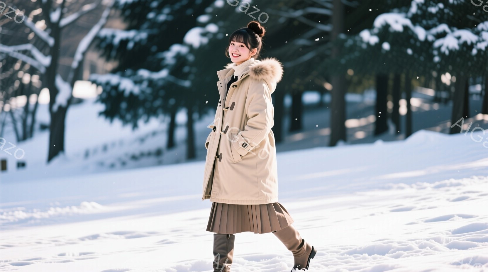 画像には、ベージュ色のファー付きのコートを着た若い女性が写っています。彼女は茶色のプリーツスカートとブーツを履き、髪をきっちりとまとめ上げて微笑んでいます。背景には雪に覆われた木々が立ち並び、雪が舞う - AI生成フリー素材