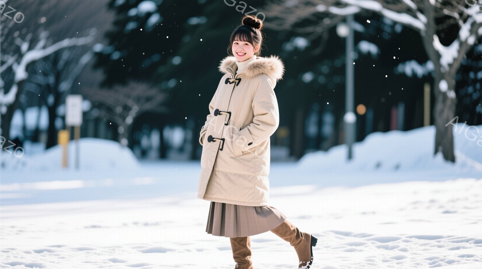 モデルはクリーム色のフード付きダウンジャケットと、膝丈のプリーツスカート、茶色のブーツを着用しています。彼女は笑顔で、少し体をひねって歩いている様子が捉えられており、冬の雪景色の中、明るく華やかな印象を与えます。背景には雪に覆われた木々と白い景色が広がり、冬の穏やかで美しい雰囲気が漂っています。