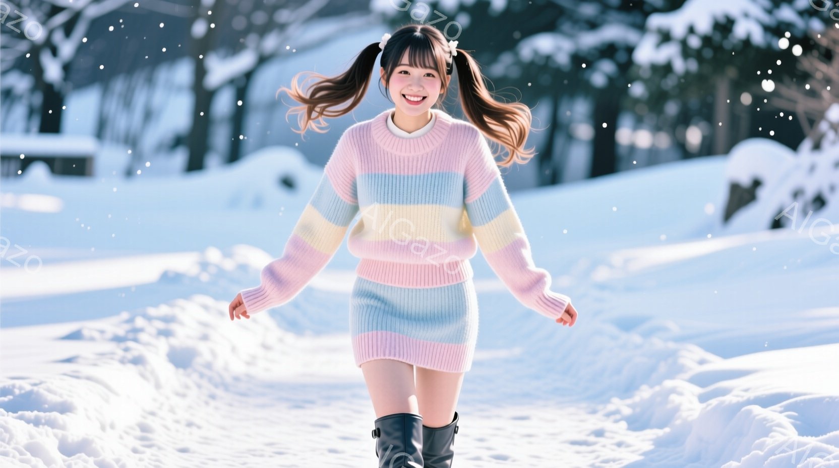 雪景色の中、明るい笑顔の女性が写っています。ピンク、黄色、水色のストライプのセーターとミニスカートを身につけ、髪はツインテールに結ばれています。背景には雪に覆われた木々とぼんやりとした建物が見え、全体 - AI生成フリー素材