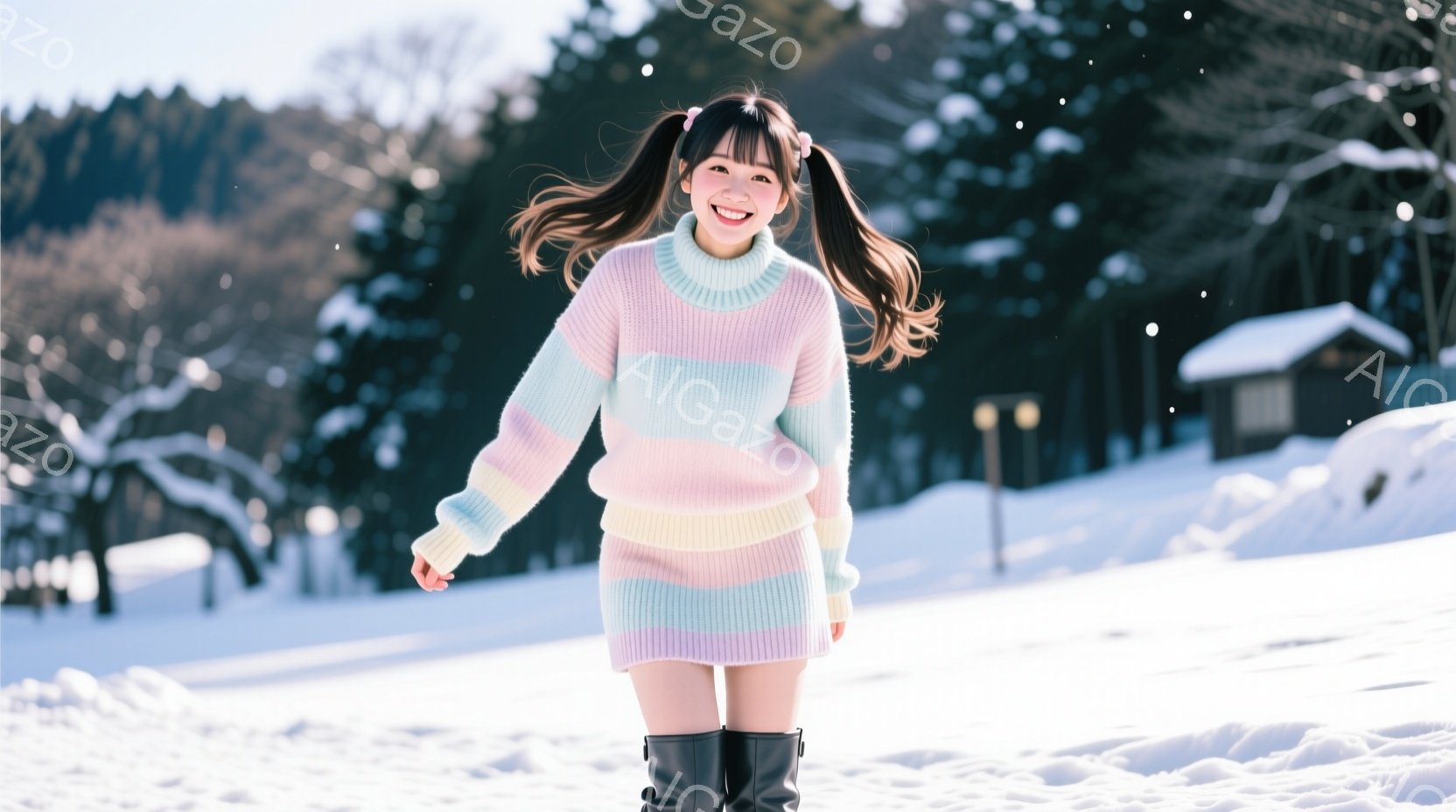 明るい笑顔の若い女性が雪景色の中を歩いている。彼女はパステルカラーのストライプのセーターと黒いブーツを履き、明るい茶色の髪をツインテールにしている。背景には雪に覆われた木々と小さな木造の建物が見え、晴 - AI生成フリー素材