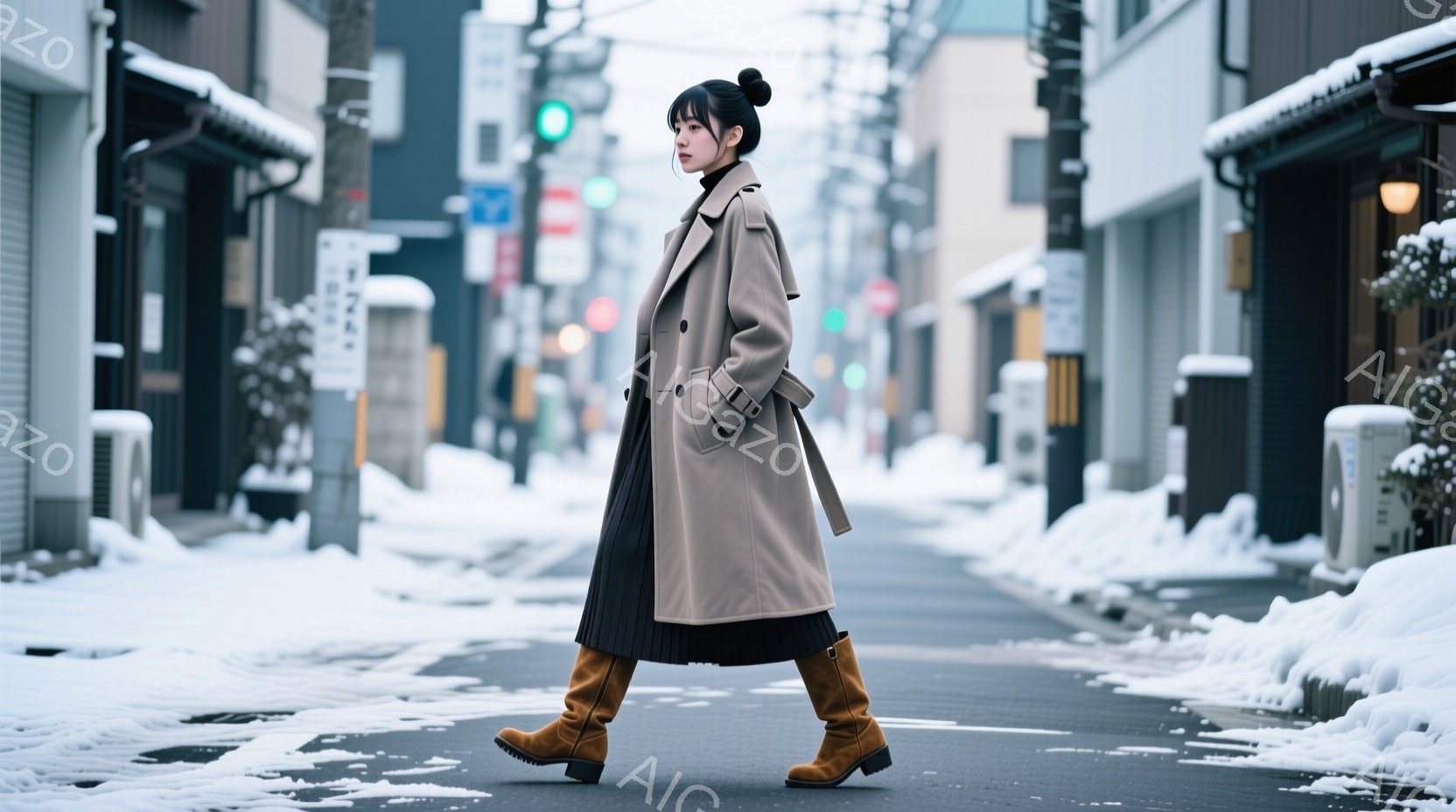 茶色のトレンチコートを羽織り、黒いプリーツスカートと茶色のブーツを履いた女性が、雪に覆われた路地を歩いている。彼女は髪を後ろでまとめ、少し横を向いており、表情ははっきりと見えないが、どこか落ち着いた雰囲気が漂っている。背景には、雪で覆われた木々や伝統的な日本の建物が並び、冬の静寂な街並みが広がっている。