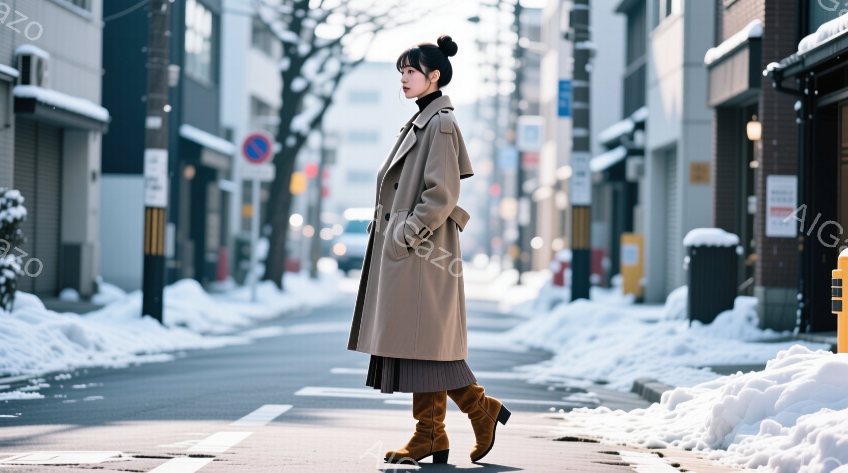 街路に立つ女性は、ベージュ色のロングコートとミディアム丈のプリーツスカート、そして茶色のブーツを身に着けている。彼女は髪を後ろでまとめ、少し横を向いており、表情はよく見えないが、落ち着いた雰囲気が漂っ - AI生成フリー素材