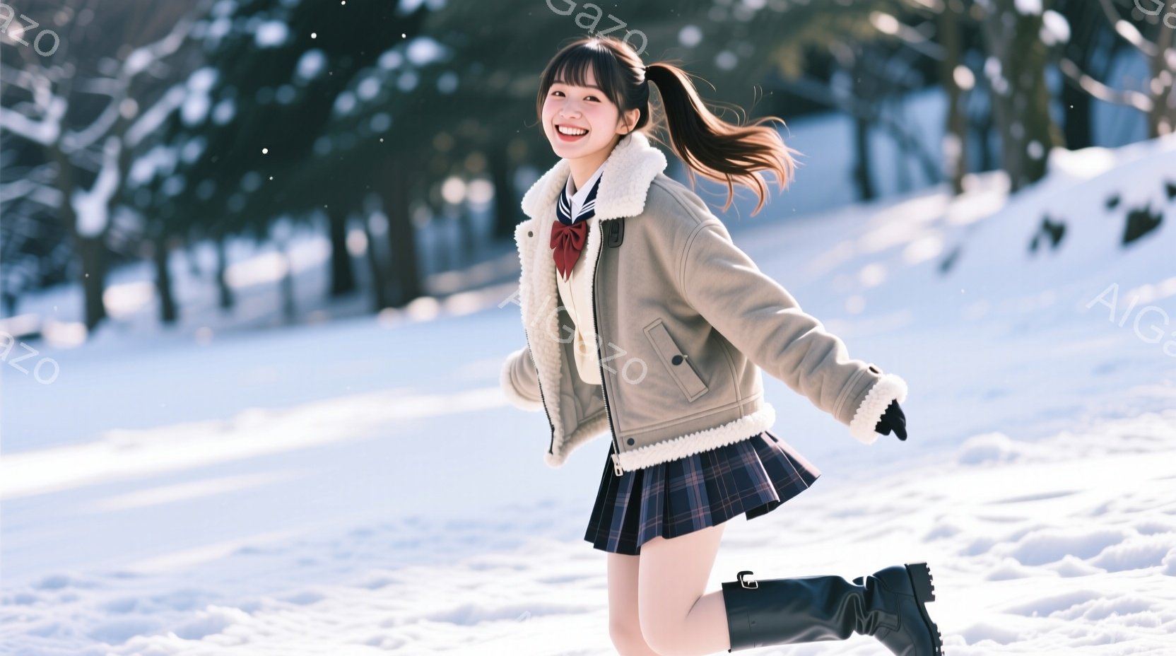 雪景色の中で、女子高生が楽しそうに駆け抜けている。彼女はチェック柄のスカートと白いシャツ、そして襟元にネクタイのようなリボンを結んだ制服を着ており、短い丈のふわふわしたジャケットと黒いブーツを履いている。笑顔が印象的で、明るい冬の太陽の下、雪原を背景に、活気に満ちた幸福な雰囲気が漂っている。