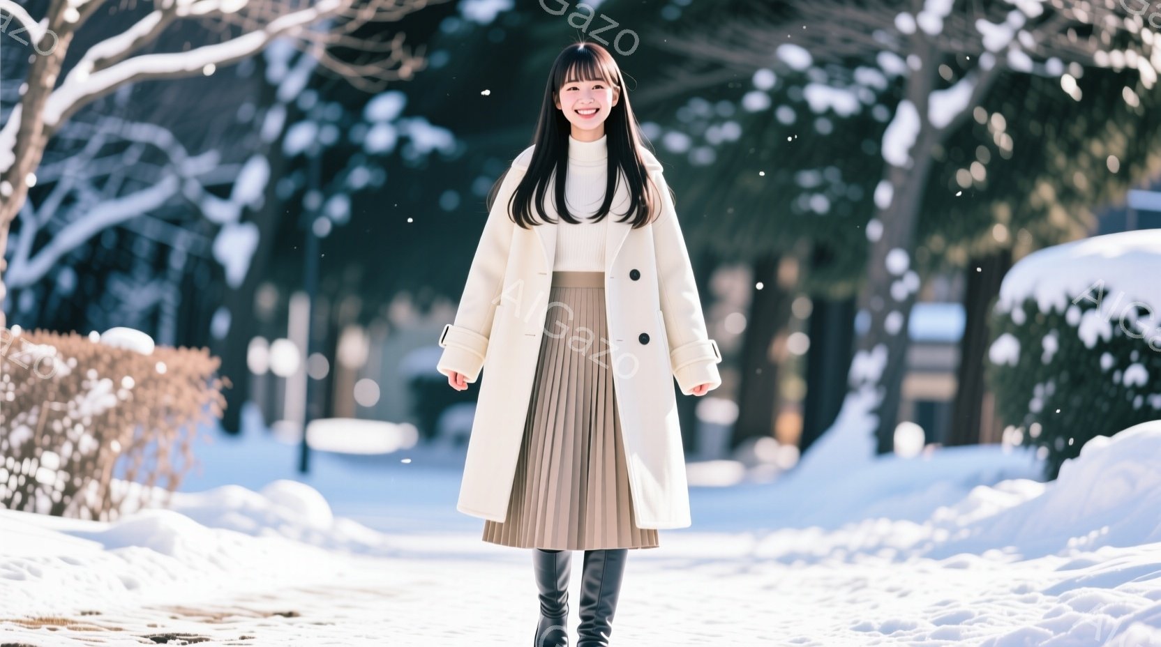 長い黒髪をセンターパートにした女性が、オフホワイトのロングコートとベージュのプリーツスカートを身につけて立っている。彼女は微笑んでおり、黒いブーツを履いている。背景は雪景色で、木々や建物がぼやけており、冬の穏やかな雰囲気が漂っている。