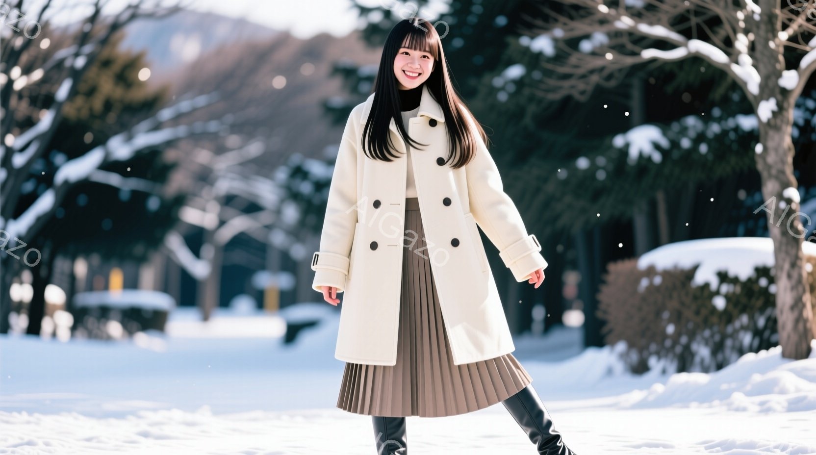 長い黒髪をストレートに伸ばした女性が、クリーム色の膝丈のコートとプリーツスカート、黒いブーツを身に着けて立っています。彼女は微笑んでおり、少し右足を前に出してリラックスした姿勢です。背景は雪景色で、木 - AI生成フリー素材