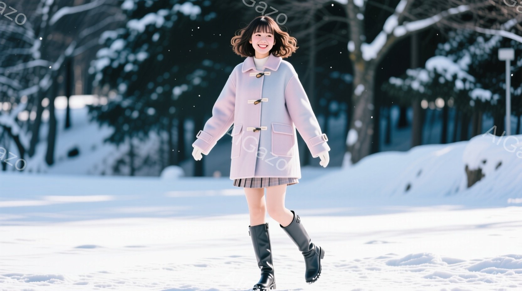 雪景色の中、ピンク色のオーバーコートを羽織り、チェック柄のスカートを履いた女性が写っている。彼女は黒いブーツを履き、少し微笑みながら、雪の上を歩いているように見える。背景には雪に覆われた木々と建物が見 - AI生成フリー素材