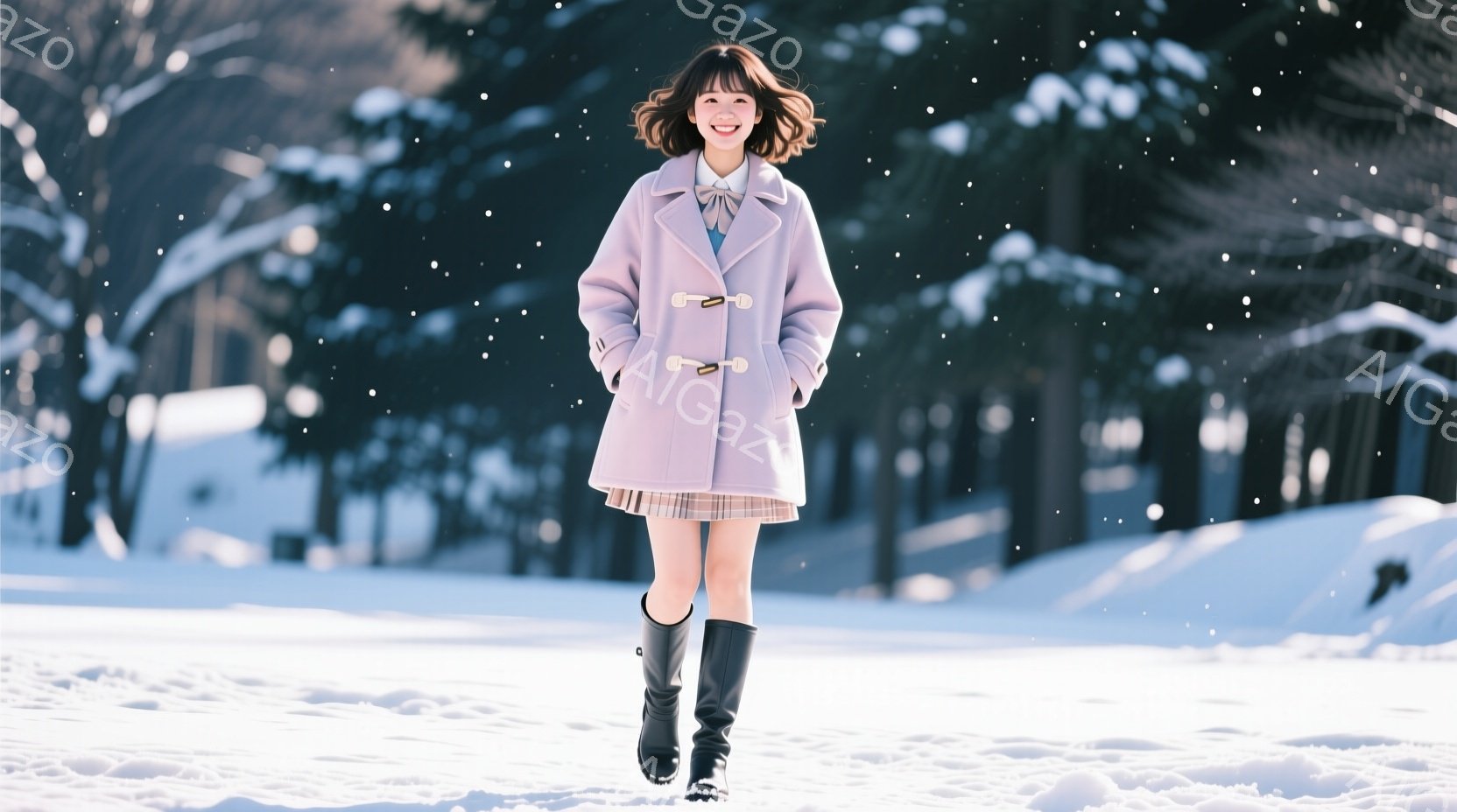 明るい笑顔の女性が雪景色の中を歩いている。淡いピンク色のオーバーコートに、チェック柄のスカート、黒いロングブーツを履き、可愛らしいヘアスタイルで、白いマフラーを巻いている。背景には雪に覆われた木々と、遠くに見える白い建物があり、全体的に暖かく、冬の優しい雰囲気が漂っている。