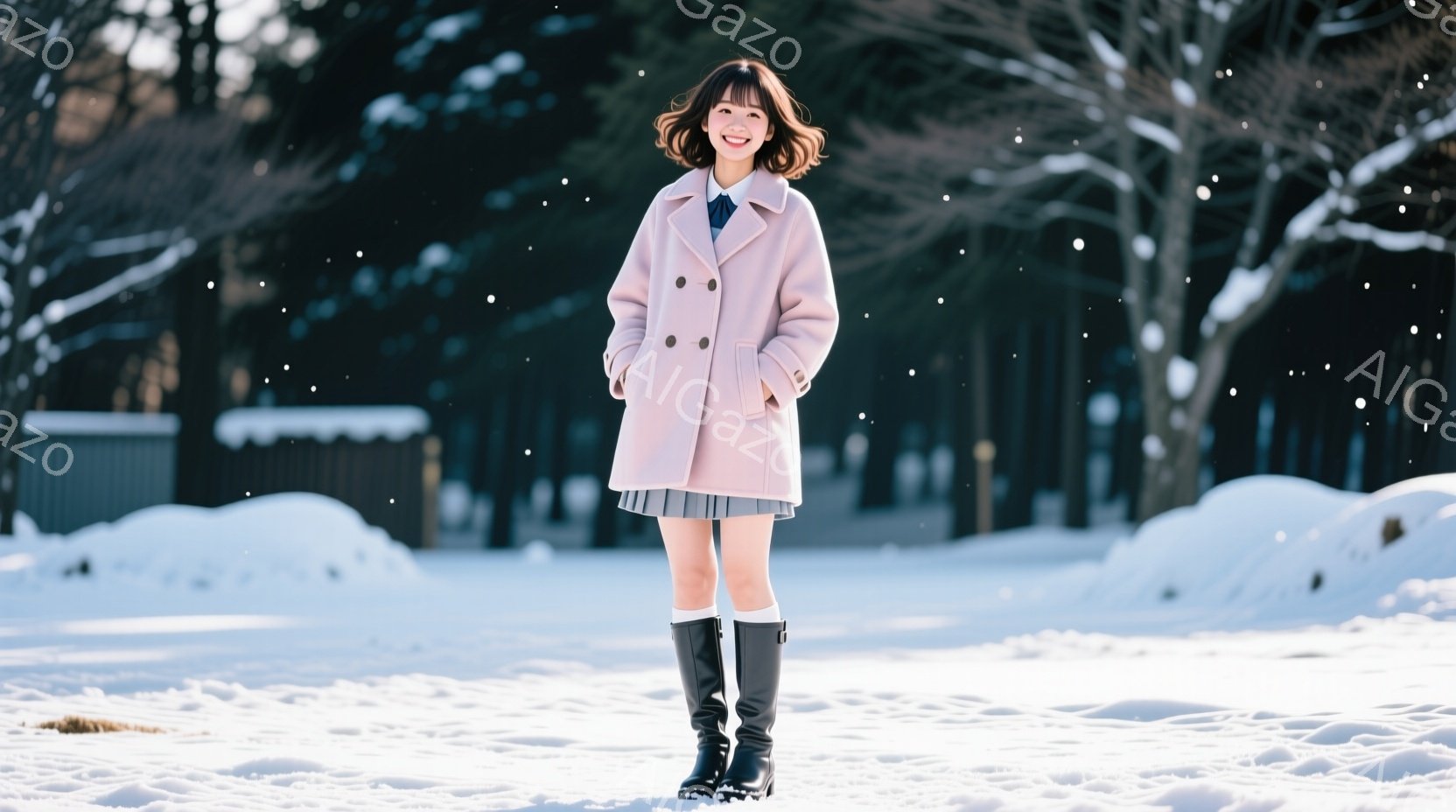 ピンク色のコートを着た若い女性が雪景色の中に立っています。彼女はグレーのプリーツスカート、黒い膝丈ブーツ、そして白いブラウスにネクタイを結んでいます。背景には雪に覆われた木々と建物の屋根が見え、全体的 - AI生成フリー素材