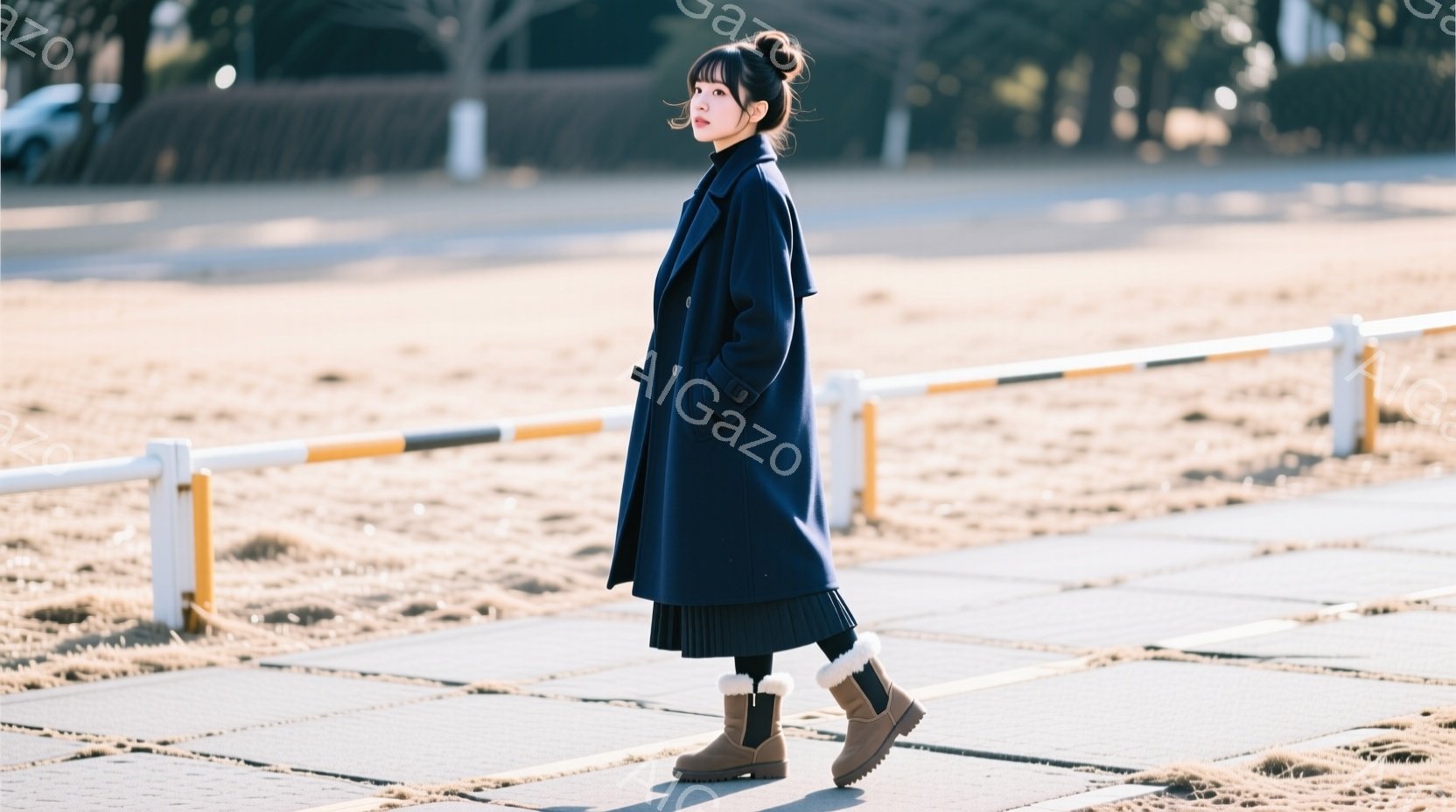 深い紺色のコートを羽織り、プリーツスカートと茶色のブーツを履いた女性が写っています。髪は後ろでまとめられ、顔は少し横を向いており、穏やかな表情をしています。背景には茶色の草むらと白い柵があり、晴れた日 - AI生成フリー素材