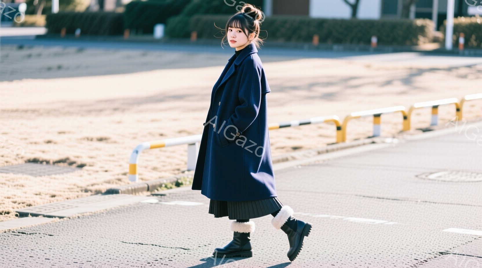 深い藍色のコートを着た女性が、アスファルトの道で横を向いて立っている。ミディアムレングスの髪は軽くウェーブし、顔の横に流れている。背景には低い塀と、かすかに見える建物があり、晴れた日の穏やかな雰囲気が感じられる。