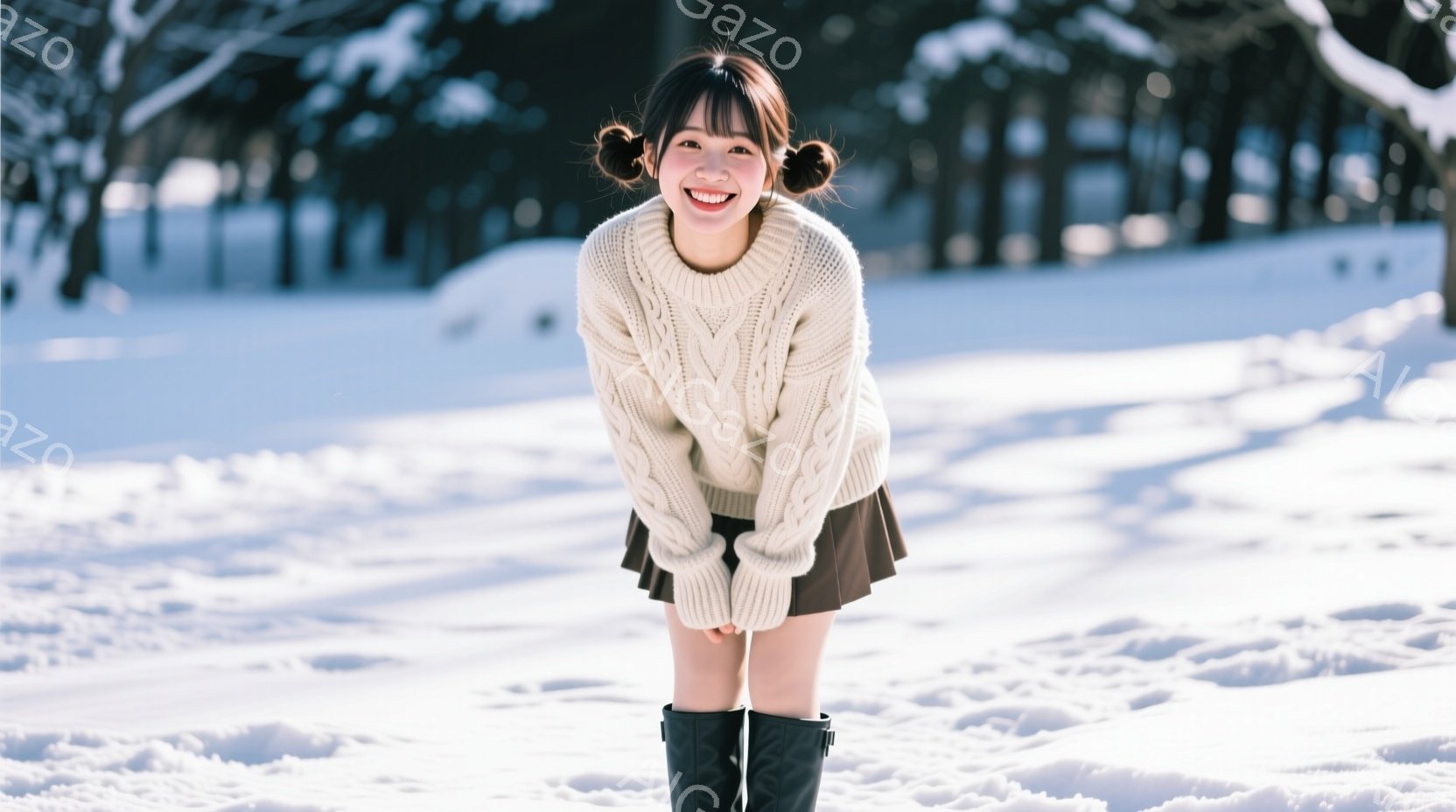 雪景色の中、若い女性が微笑んでいます。オフホワイトのケーブルニットセーターとダークブラウンのミニスカート、黒いニーハイブーツを着用し、髪はツインの玉ねぎヘアスタイルに整えられています。背景には雪に覆わ - AI生成フリー素材