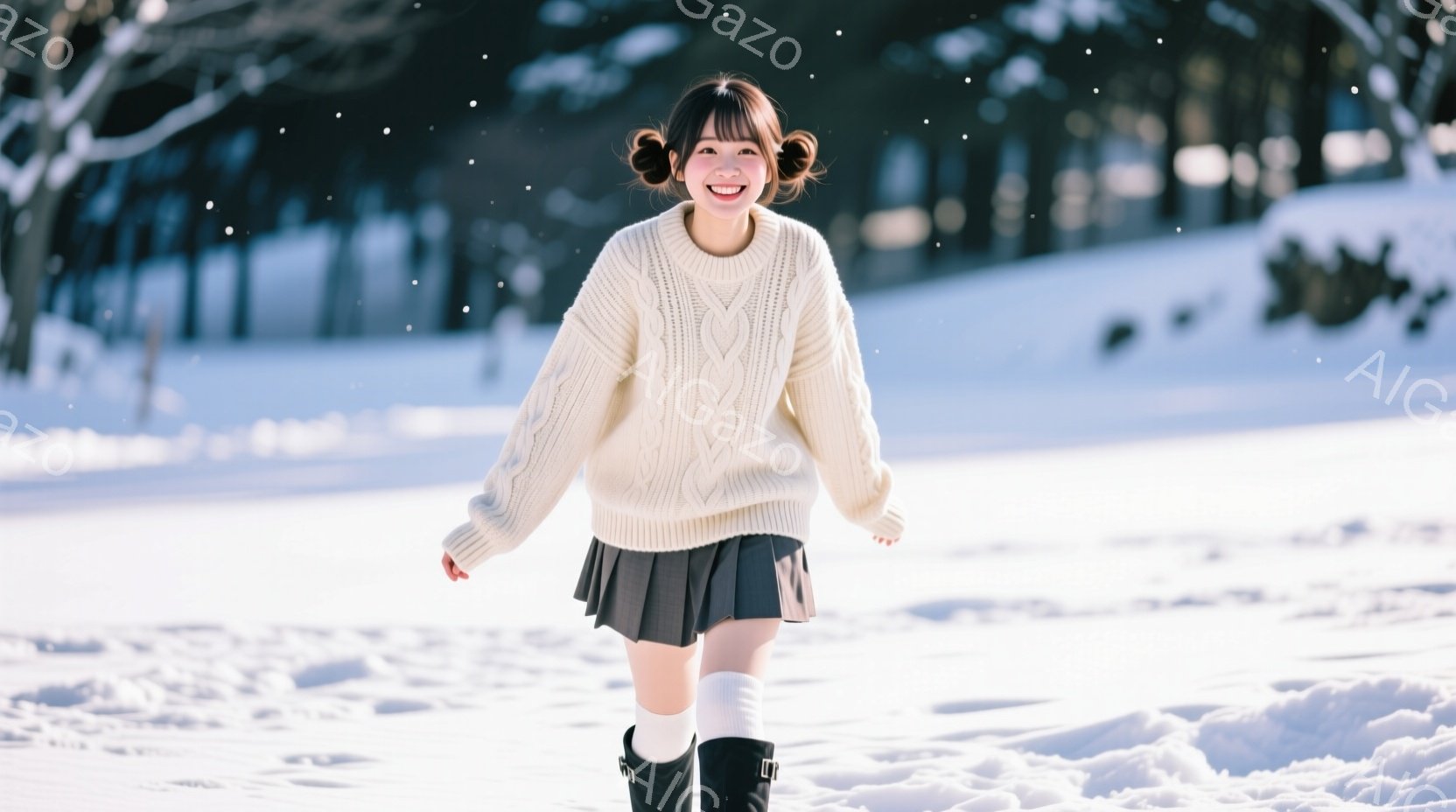 白いニットセーターと黒のプリーツスカート、黒いブーツを履いた若い女性が雪景色の中を歩いています。彼女は両手を少し上げて笑顔でカメラを見つめており、髪は左右に分けてお団子状に結ばれています。背景は雪に覆われた木々と白い景色で、冬の穏やかな雰囲気が漂っています。