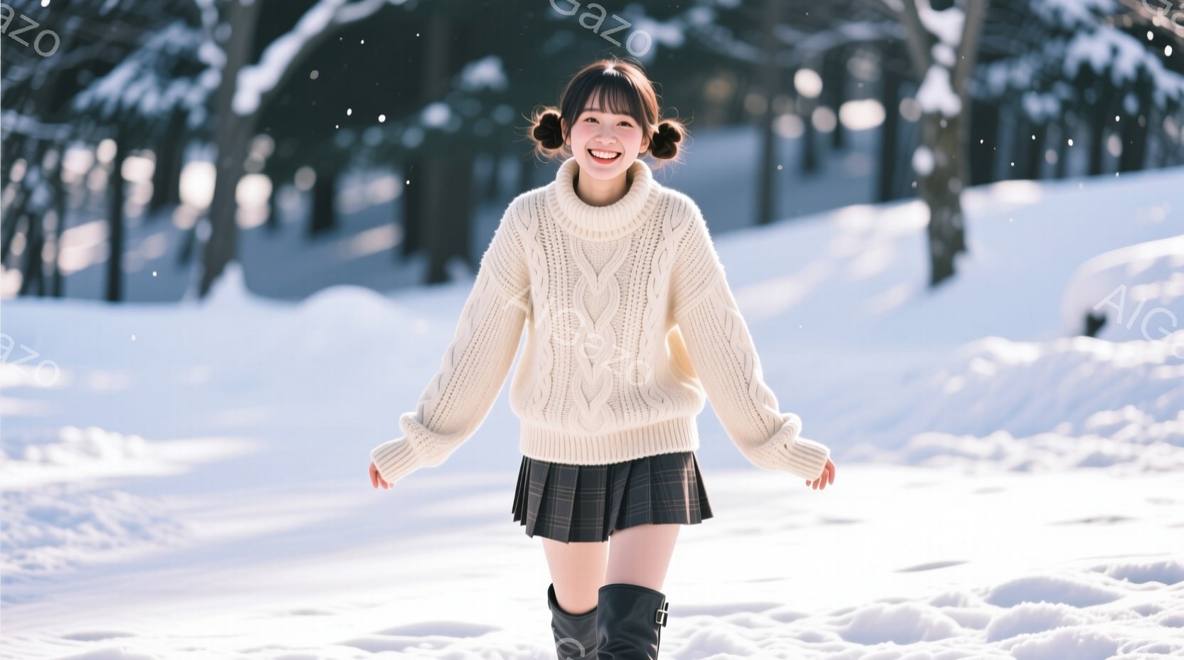 白いケーブルニットセーターと黒のプリーツスカート、黒のブーツを身に着けた女性が、雪景色の中で両手を広げて微笑んでいます。彼女は前髪を分けてお団子にした可愛らしいヘアスタイルで、表情は明るく幸せそうです - AI生成フリー素材