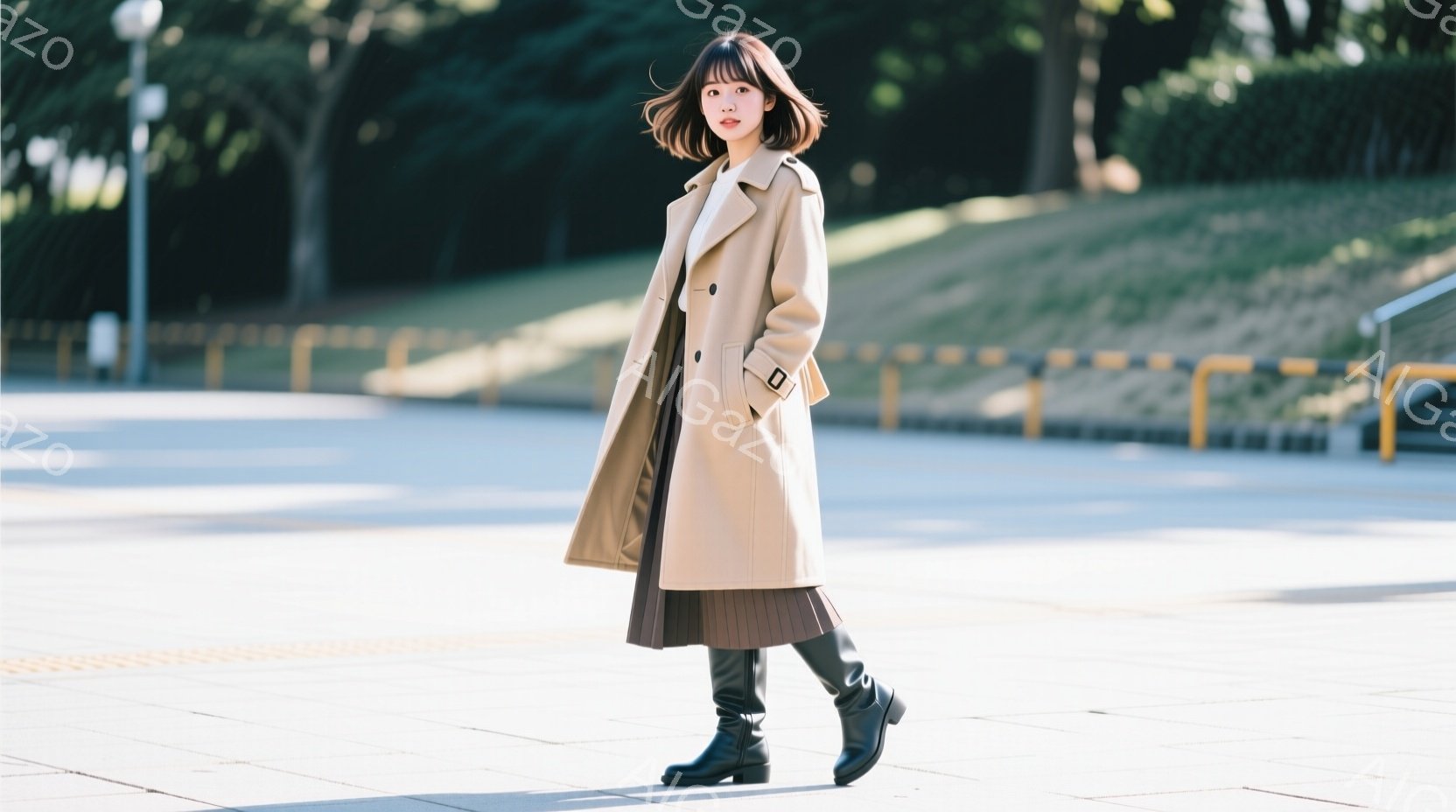 明るい日差しの下、女性がベージュのトレンチコートとプリーツスカート、黒のブーツを身に着けて立っている。彼女は少し横を向いており、穏やかな表情で、自然な笑顔を見せている。背景には広場が広がり、緑豊かな丘陵地帯が見え、天候は晴れで、全体的に穏やかで洗練された雰囲気を醸し出している。