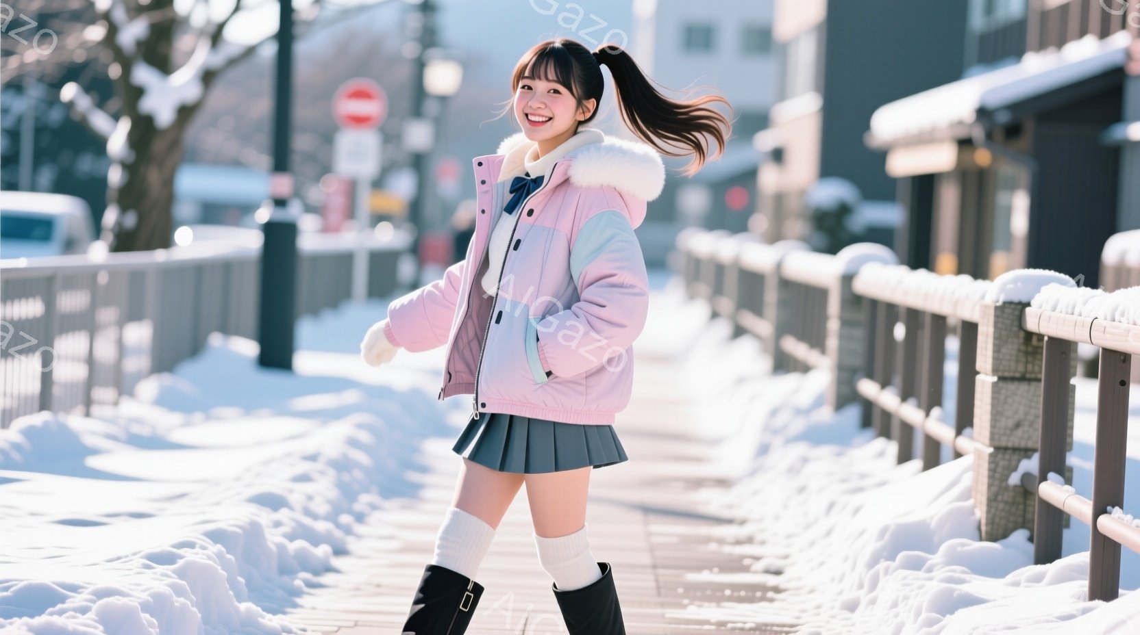 明るいピンクと水色のパステルカラーのダウンジャケットを着た若い女性が、雪道を歩いています。彼女は黒いショートブーツと白いニーハイソックスを履き、茶色の髪を高いポニーテールにしています。背景には雪に覆われた手すりや建物があり、晴れた冬の日の穏やかな雰囲気が漂っています。