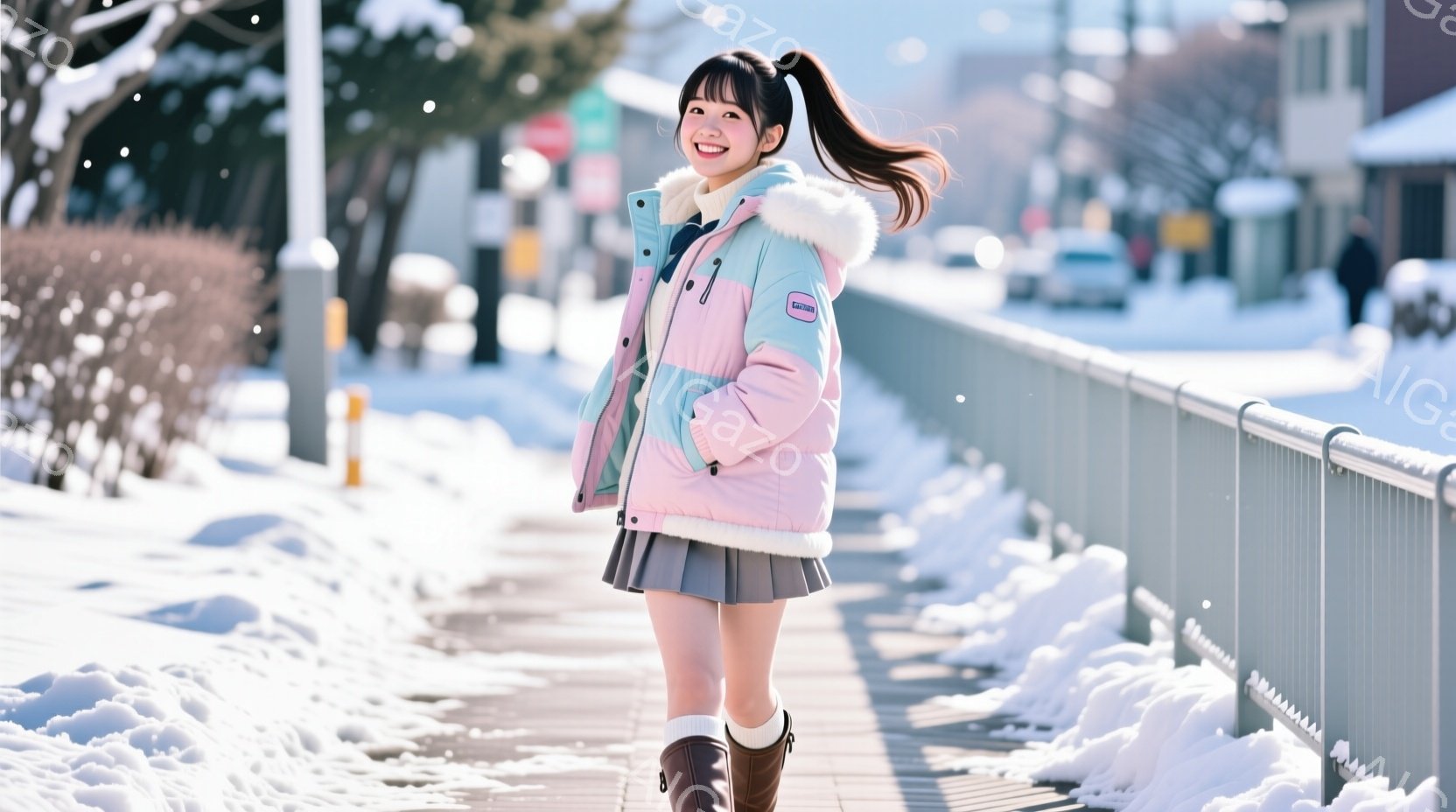 画像には、ピンクと水色のウィンドブレーカーにグレーのプリーツスカート、茶色のブーツを履いた若い女性が写っています。彼女は髪をポニーテールにし、笑顔でカメラに向かってポーズをとっています。背景は雪に覆わ - AI生成フリー素材