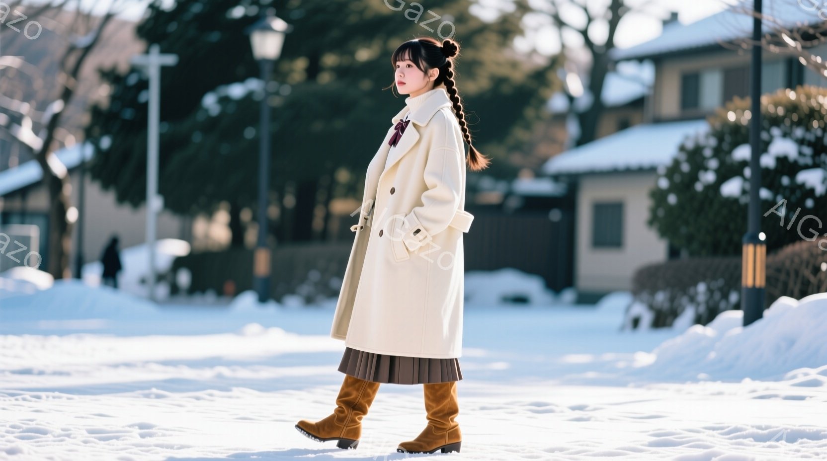 雪景色の中に立つ女性が写っている。オフホワイトのロングコートに、チェック柄のスカート、そして茶色の膝丈ブーツを履いている。彼女は髪を二つに分け、後ろで結んでおり、少し微笑んでいるように見える。 - AI生成フリー素材