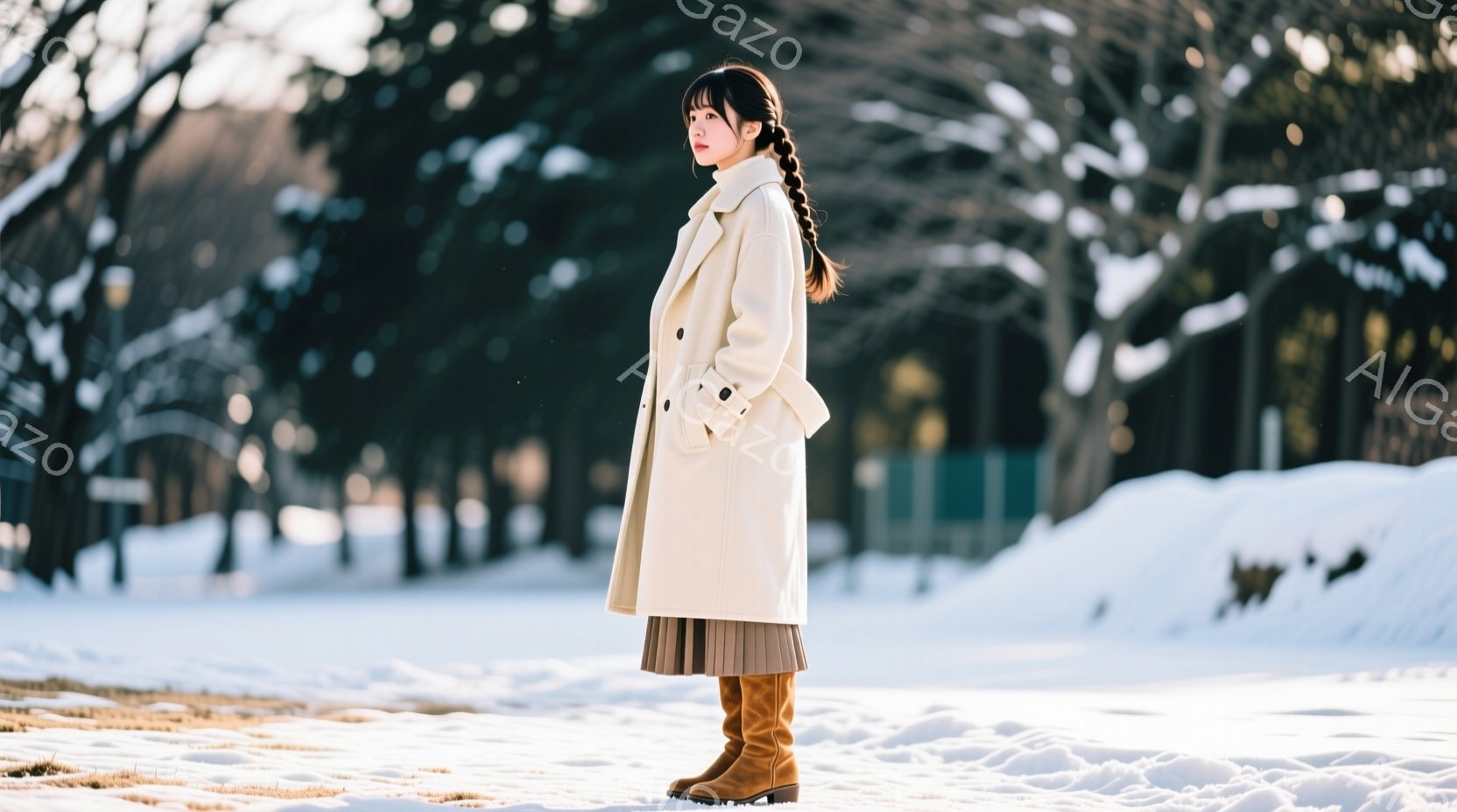長いクリーム色のコートを着た女性が、茶色のミディアム丈ブーツを履き、雪に覆われた公園に立っている。彼女はサイドに三つ編みをした髪を持ち、横を向いて立っており、落ち着いた表情をしている。背景には雪で覆わ - AI生成フリー素材