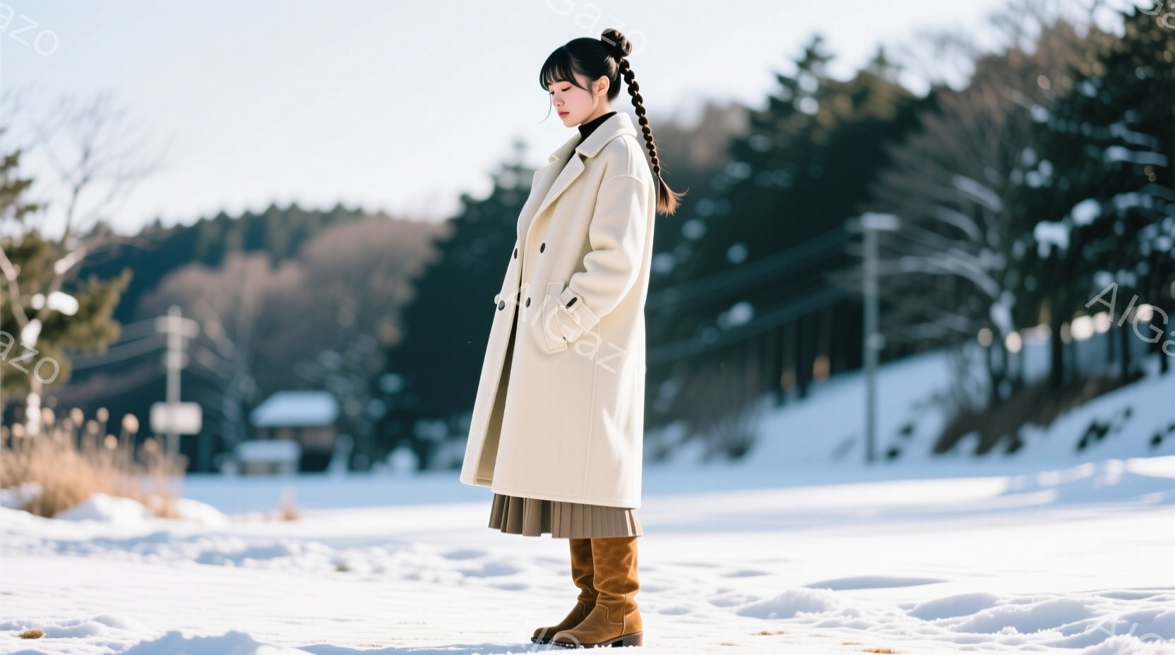 白いロングコートと茶色のブーツを着用した女性が、雪景色の中で横を向いて立っている。彼女は髪を三つ編みにし、表情はやや憂いを帯びているように見える。背景には雪に覆われた木々や建物が見え、冬の静かで穏やか - AI生成フリー素材