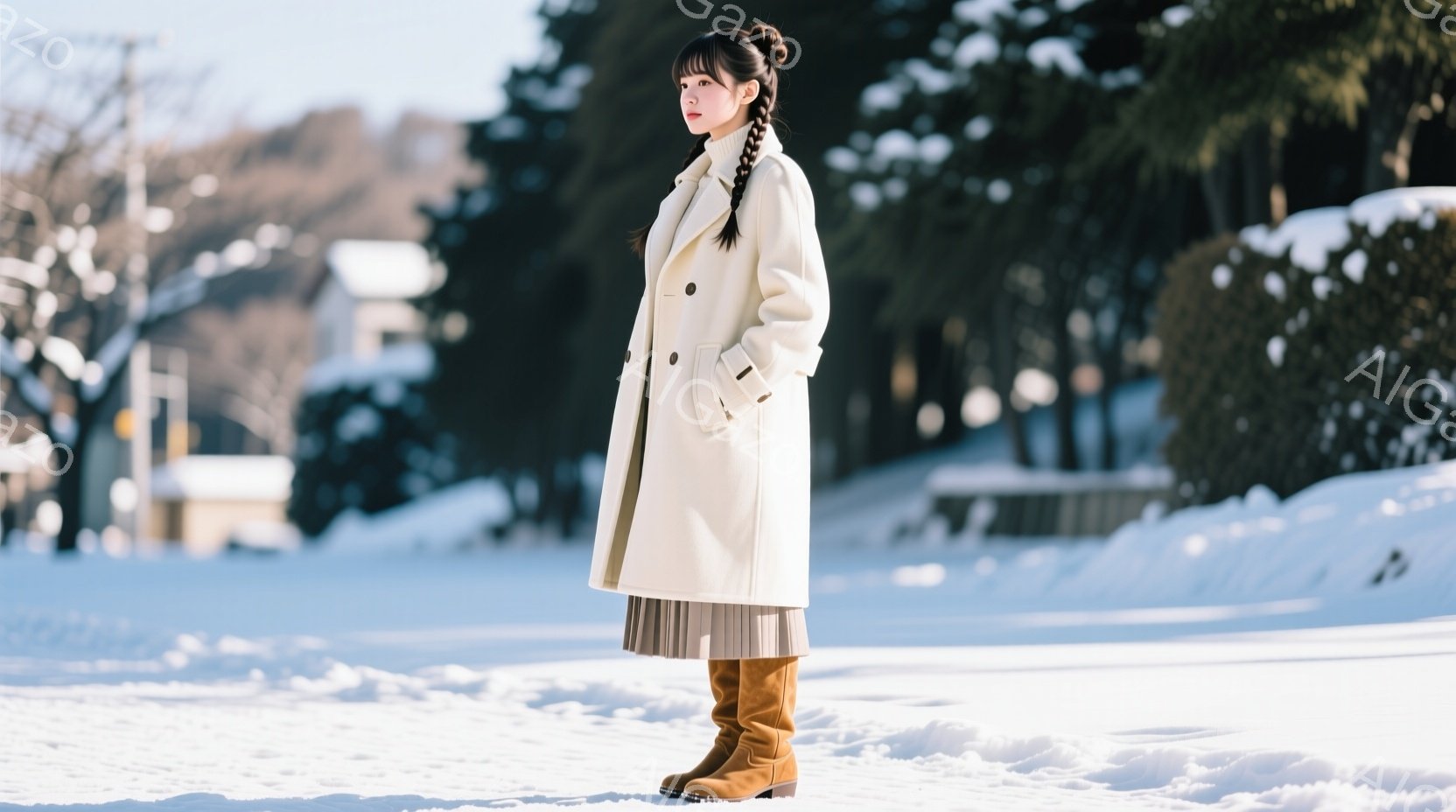 白いロングコートを着た女性が雪景色の中に立っている。髪は後ろで三つ編みにされ、茶色いブーツを履いている。背景には雪に覆われた建物と木々があり、冬の静かで穏やかな雰囲気が漂っている。 - AI生成フリー素材